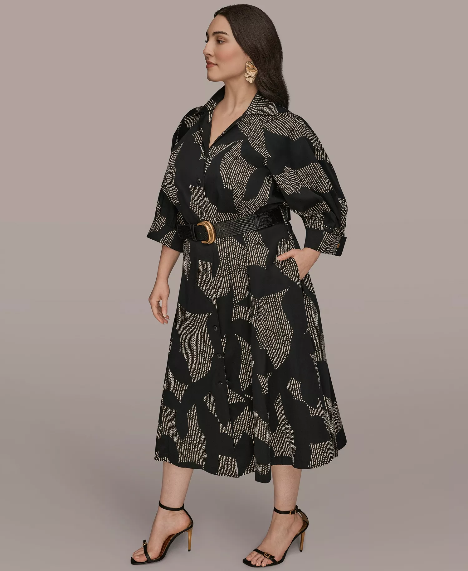 Plus Size Belted Shirt Dress - Black/Sand - 14W