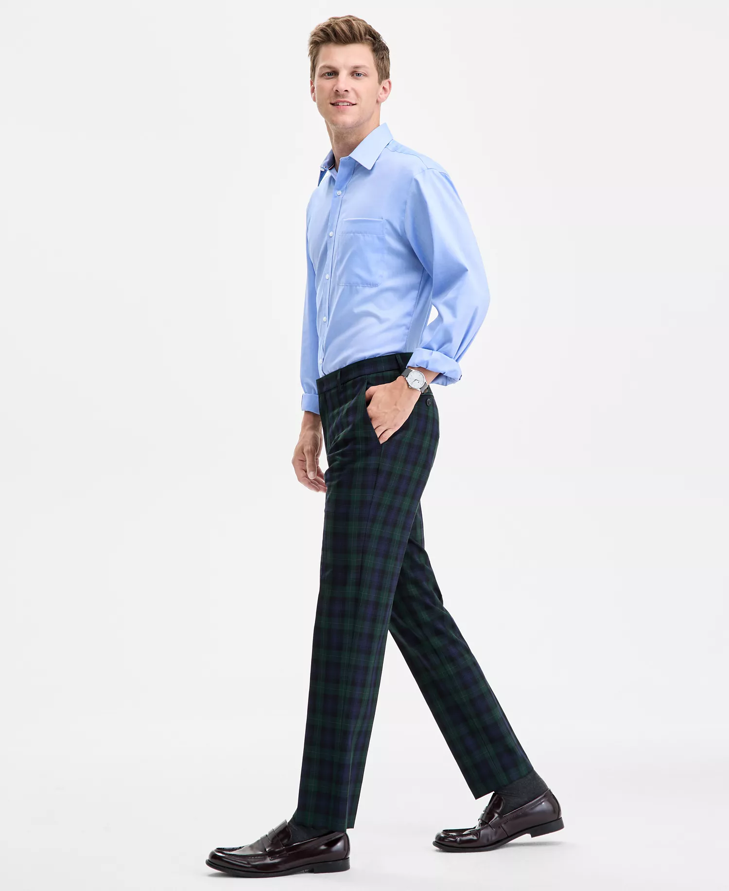 Men's Tartan Modern-Fit Dress Pants - Blue/green Plaid - 30 - 30