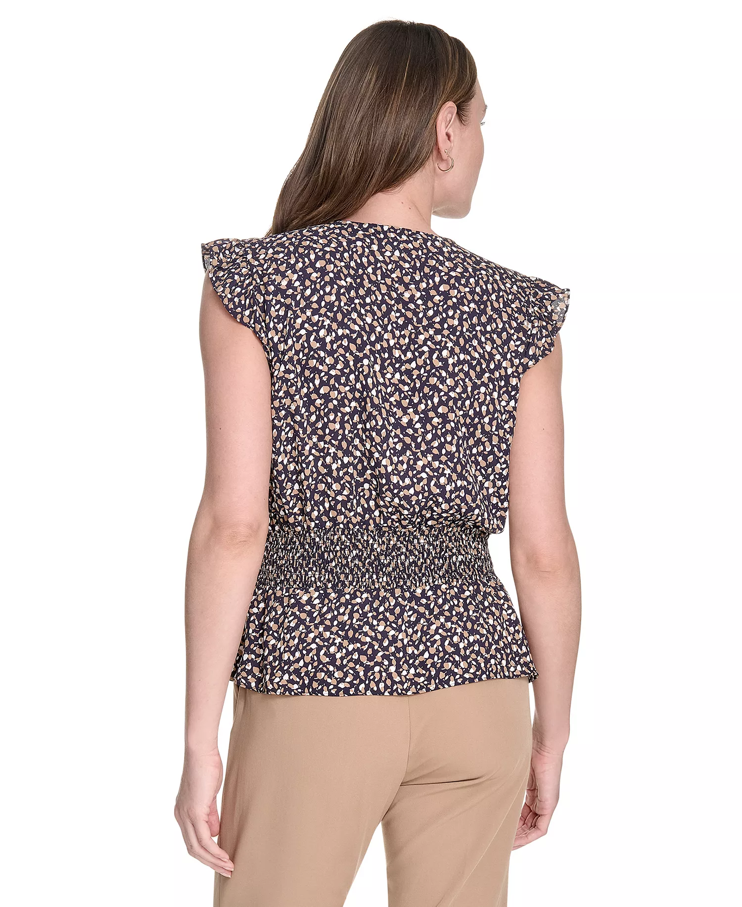 Women's Printed Smocked-Waist Flutter-Sleeve Blouse - Midnight/ Tigers Eye - L