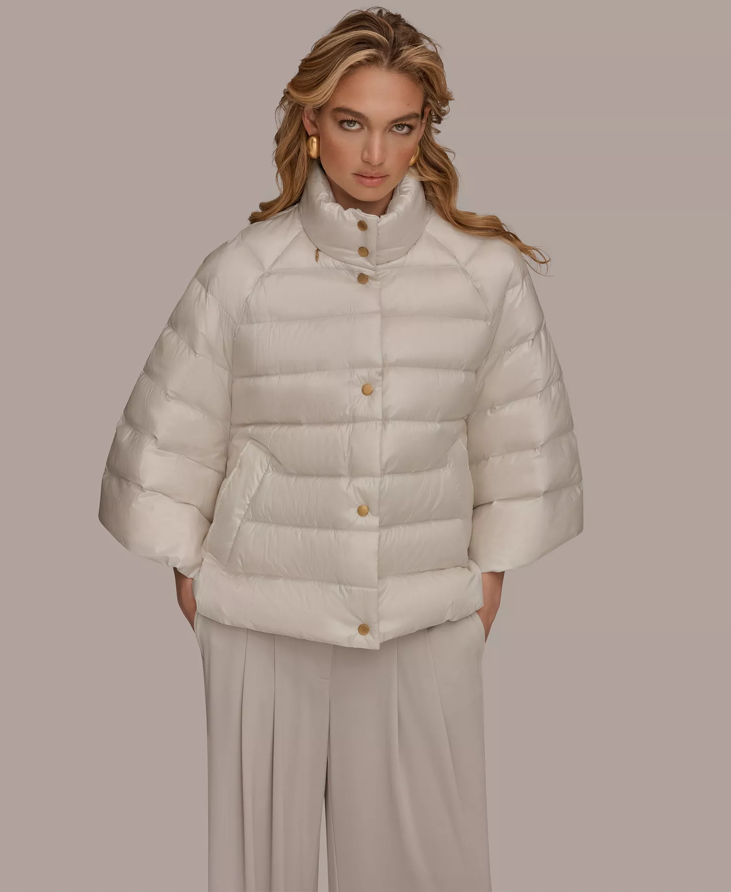 Women's Stand-Collar Down Puffer Cape - Shine White Sand - L/XL