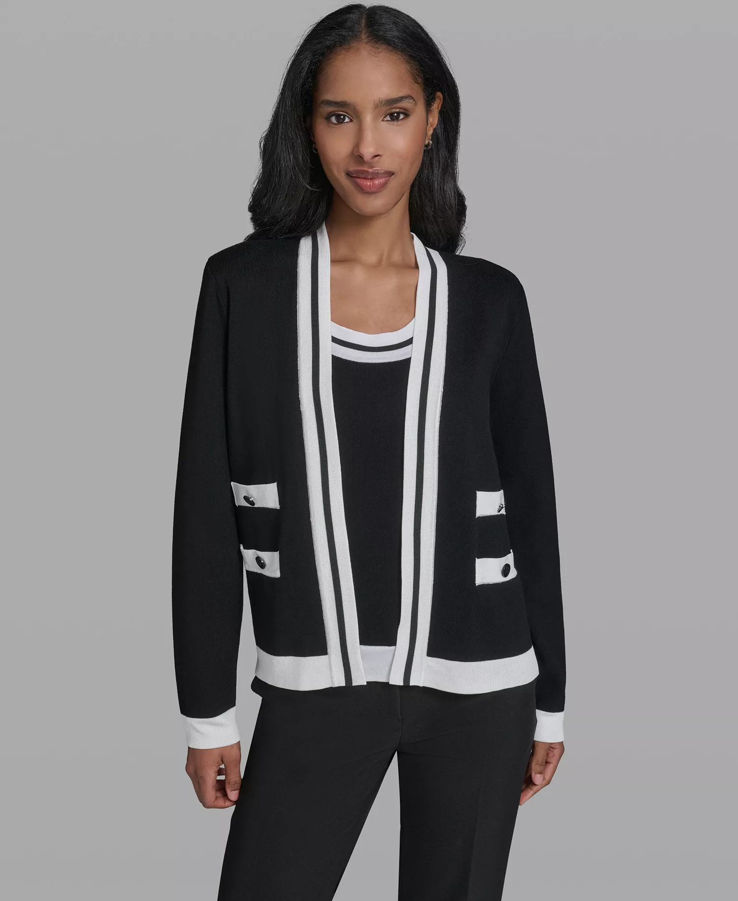 Women's Open-Front Long-Sleeve Knit Cardigan with Contrast Trim - Black/soft White - L