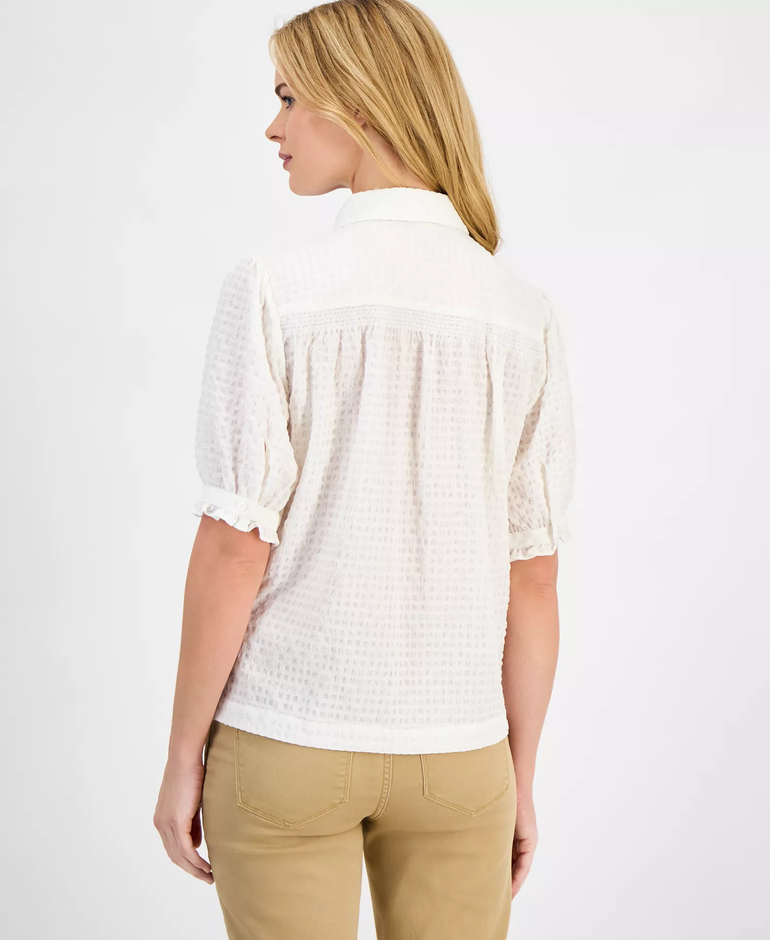 Women's Checked Short-Sleeve Smocked Blouse - Ivory - L