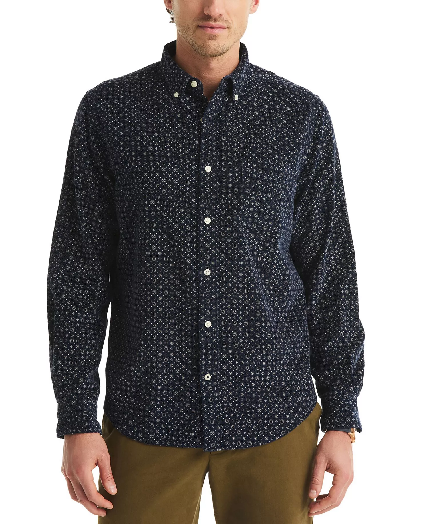 Men's Straight-Collar Corduroy Print Shirt - Navy Seas - XXL