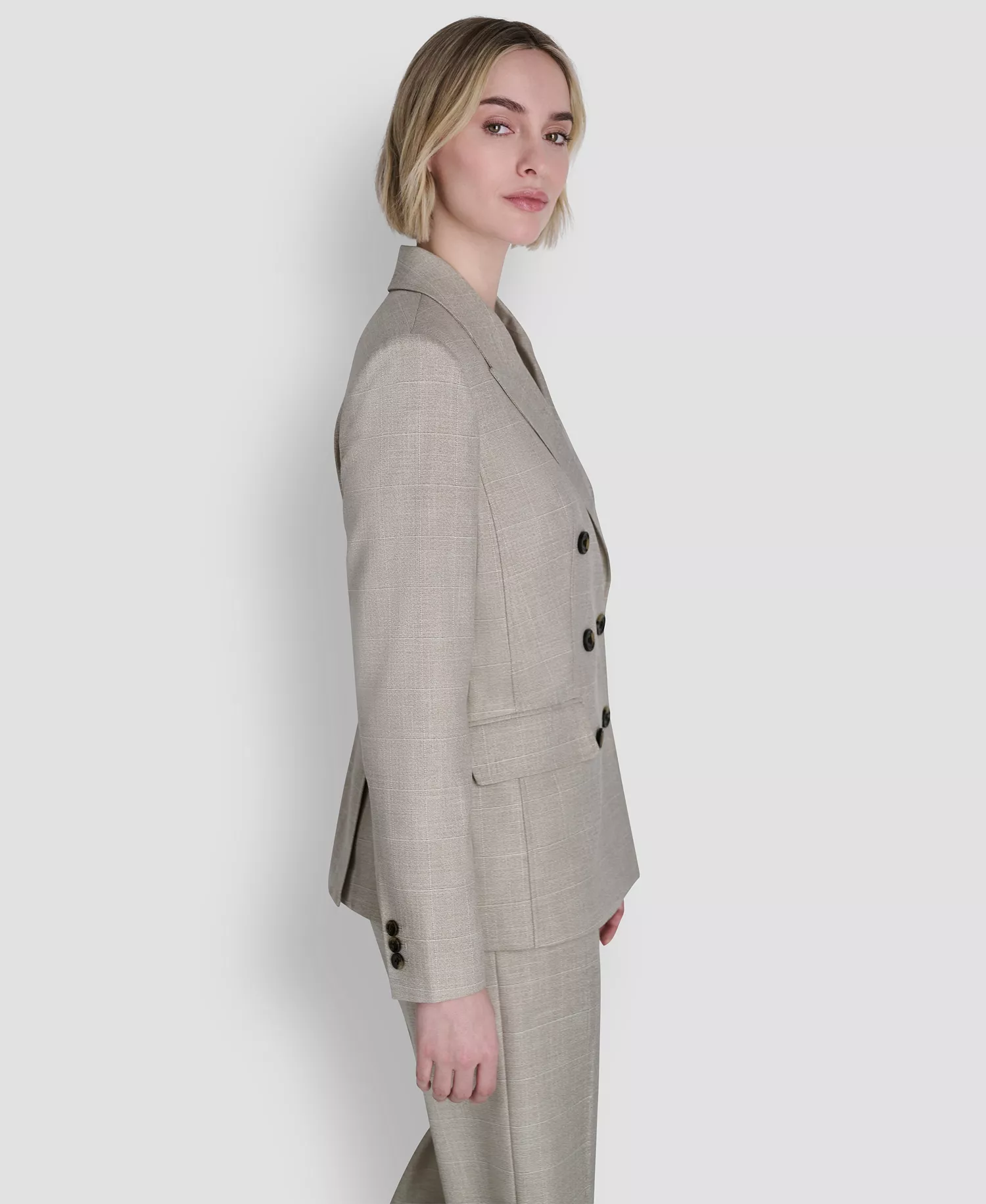 Women's Windowpane Melange Double Breasted Jacket, Cropped Pant and Woven Sleeveless Blouse - Pebble / White Combo - 10