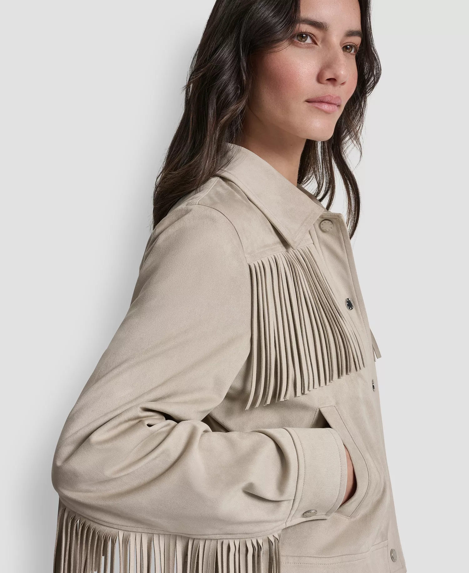 Women's Collared Fringe Suede Jacket - Pebble - L