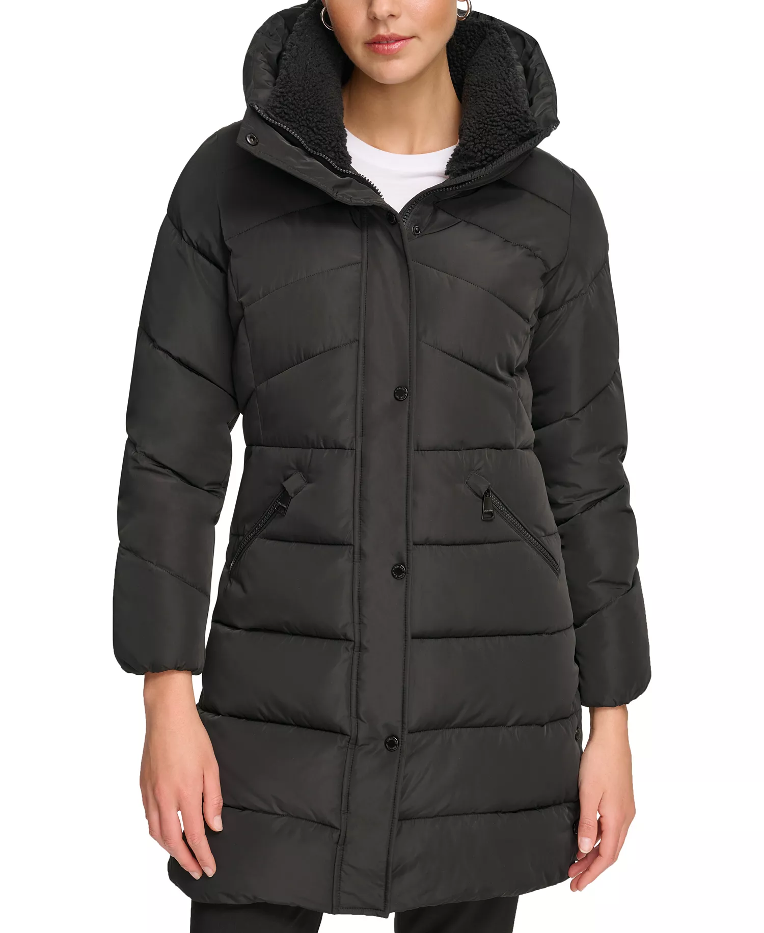 Women's Faux-Sherpa Collar Hooded Stretch Puffer Coat, Created for Macy's - Black - L