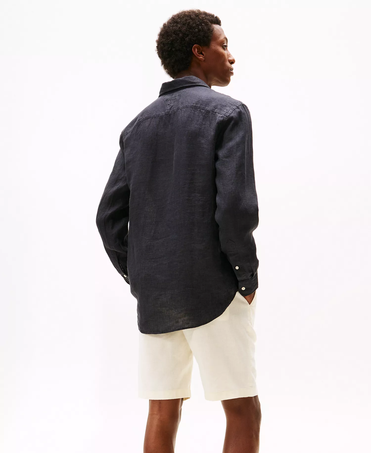 Men's Button-Down Linen Long-Sleeve Shirt - Black - L