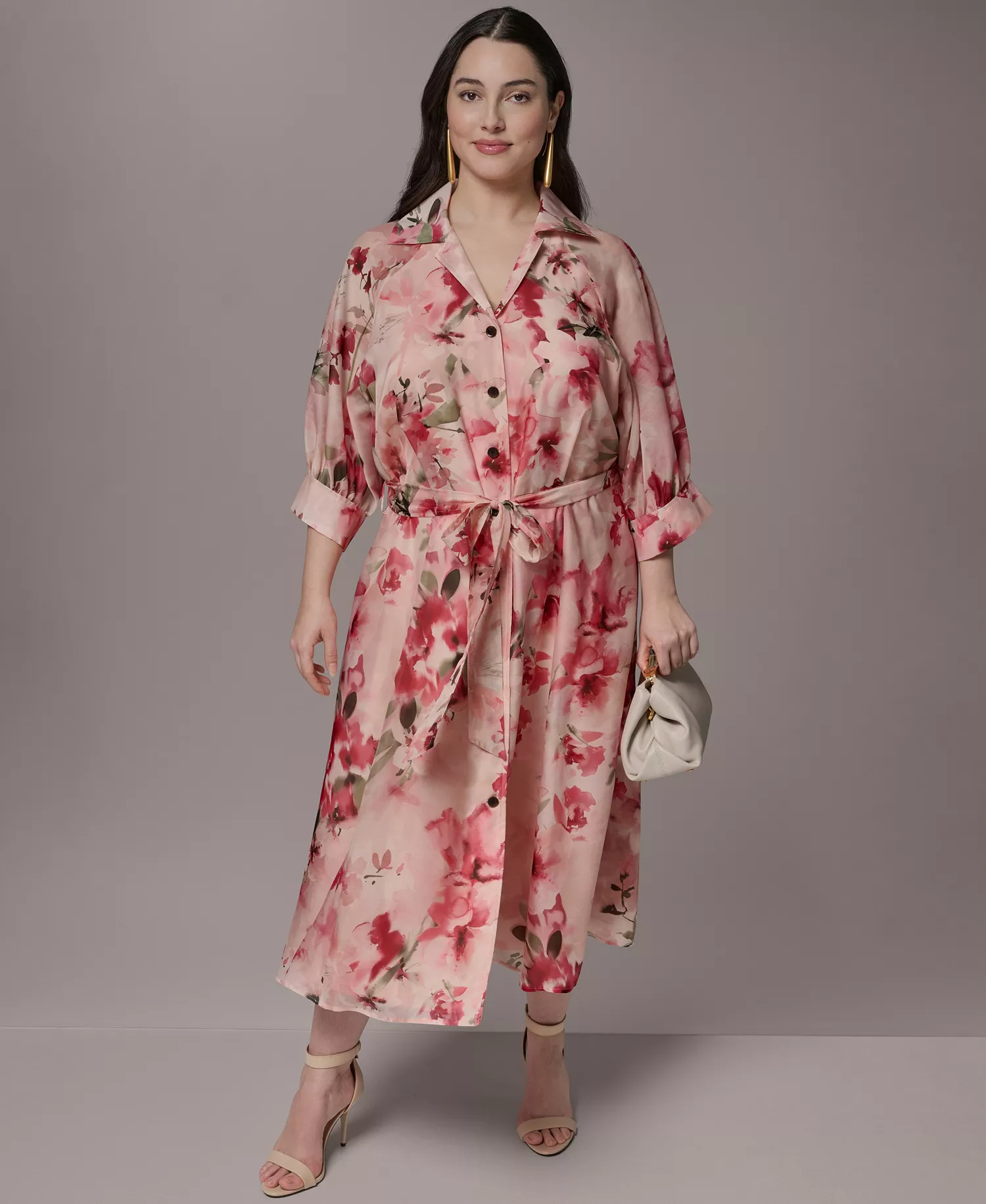 Plus Size Short-Sleeve Organza Shirt Dress - Geranium Multi - 14W