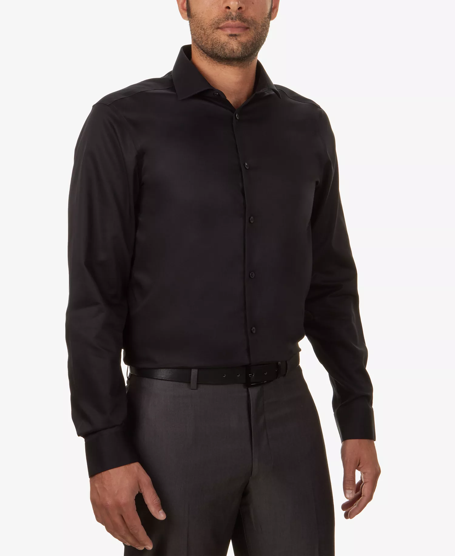 Men's Non-Iron Performance Herringbone Dress Shirt, Classic & Slim Fit - Black - 14 32/33