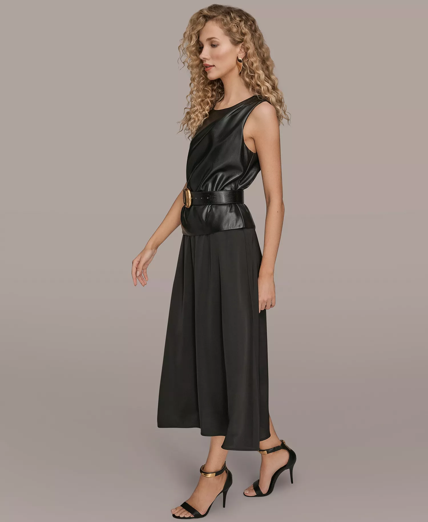 Women's Sleeveless Mixed Media Belted Midi Dress - Black - 10