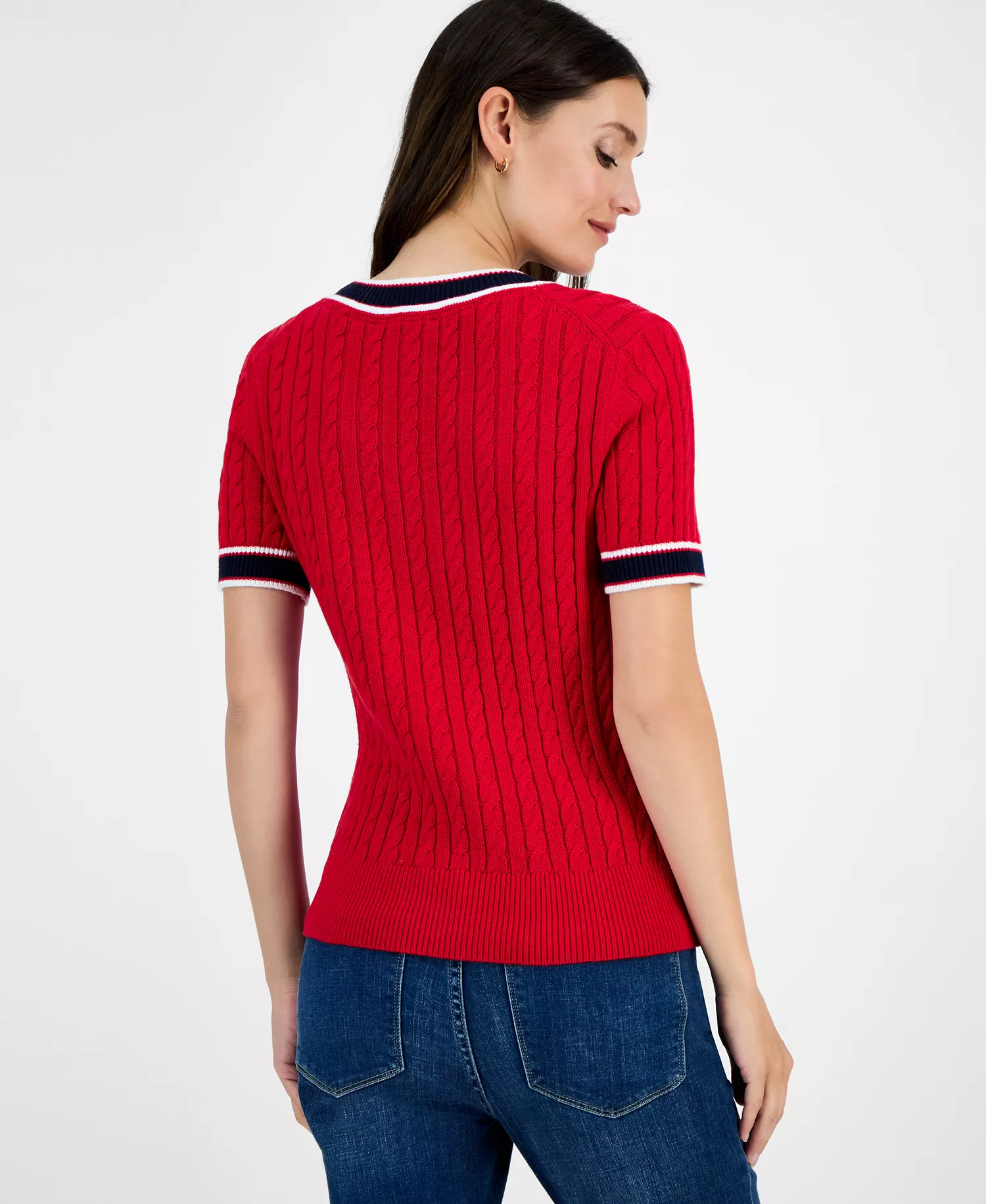 Women's Cotton Short-Sleeve Cable Knit Sweater  - Scarlet - L