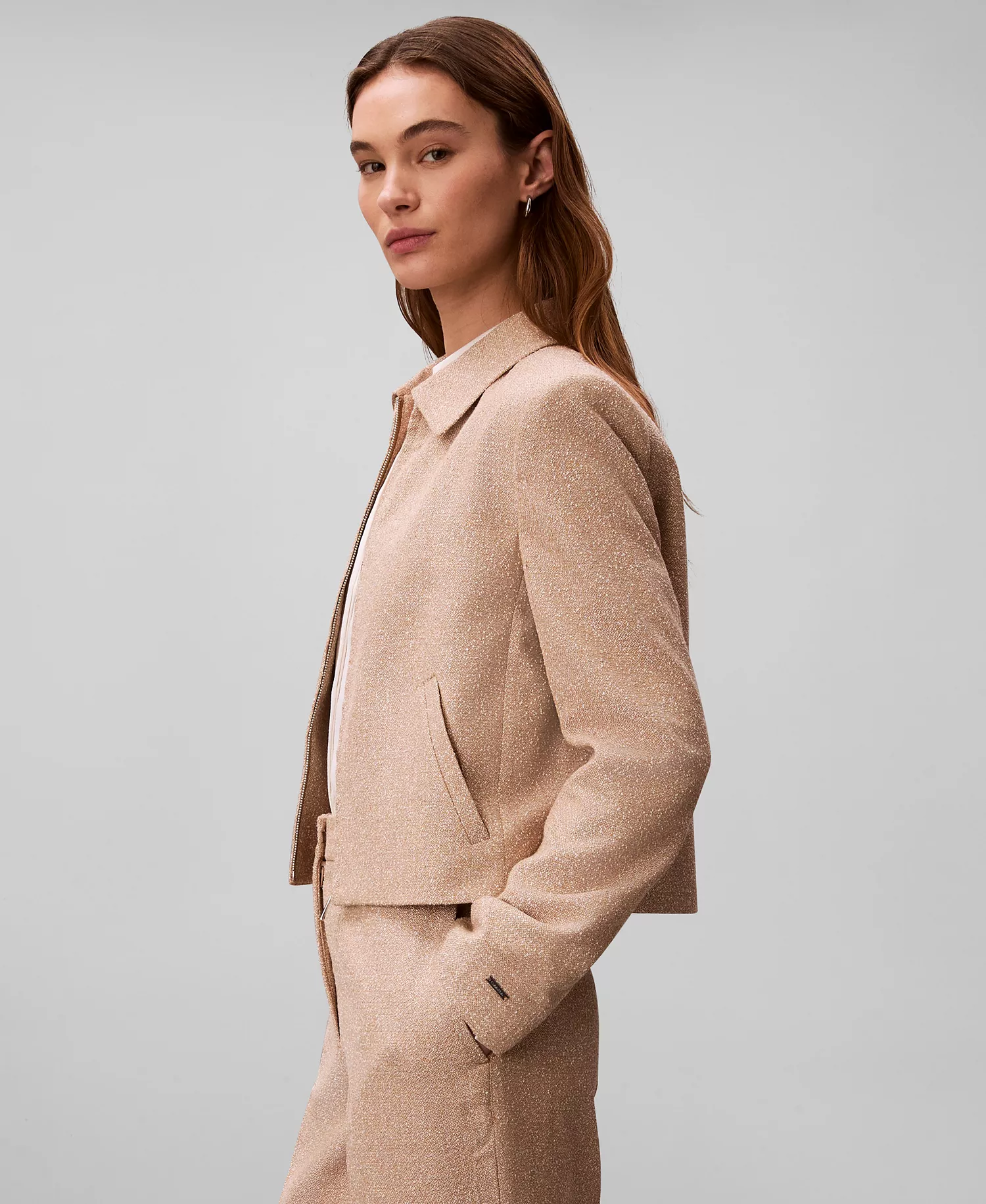 Women's Boucle Point Collar Shirt Jacket and Straight Leg Pants - Tigers Eye - 10