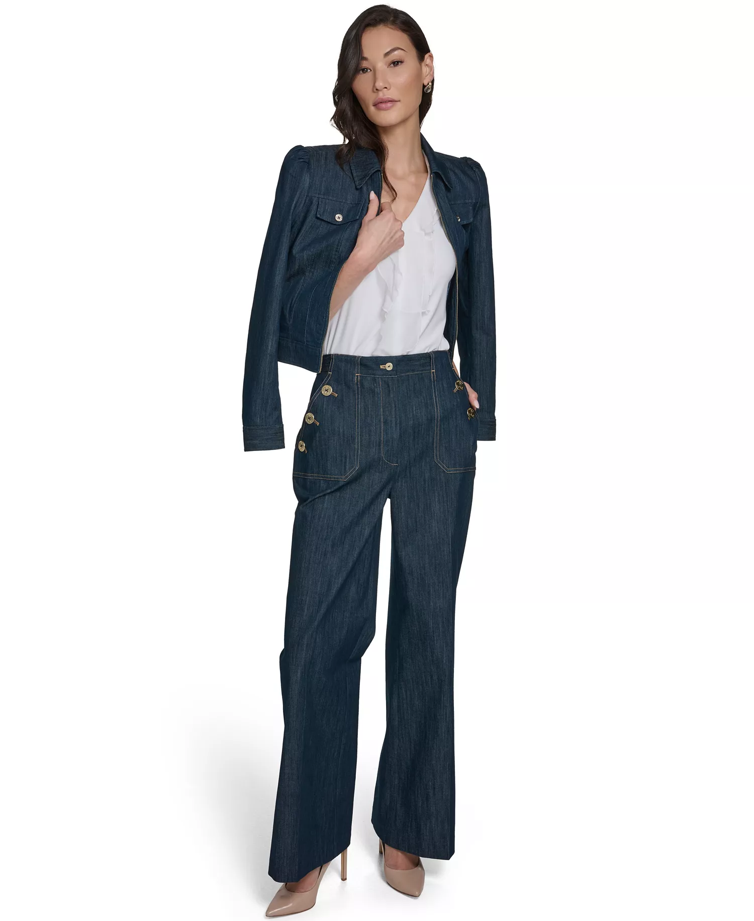 Women's Denim Zip Trucker Jacket - Navy - L