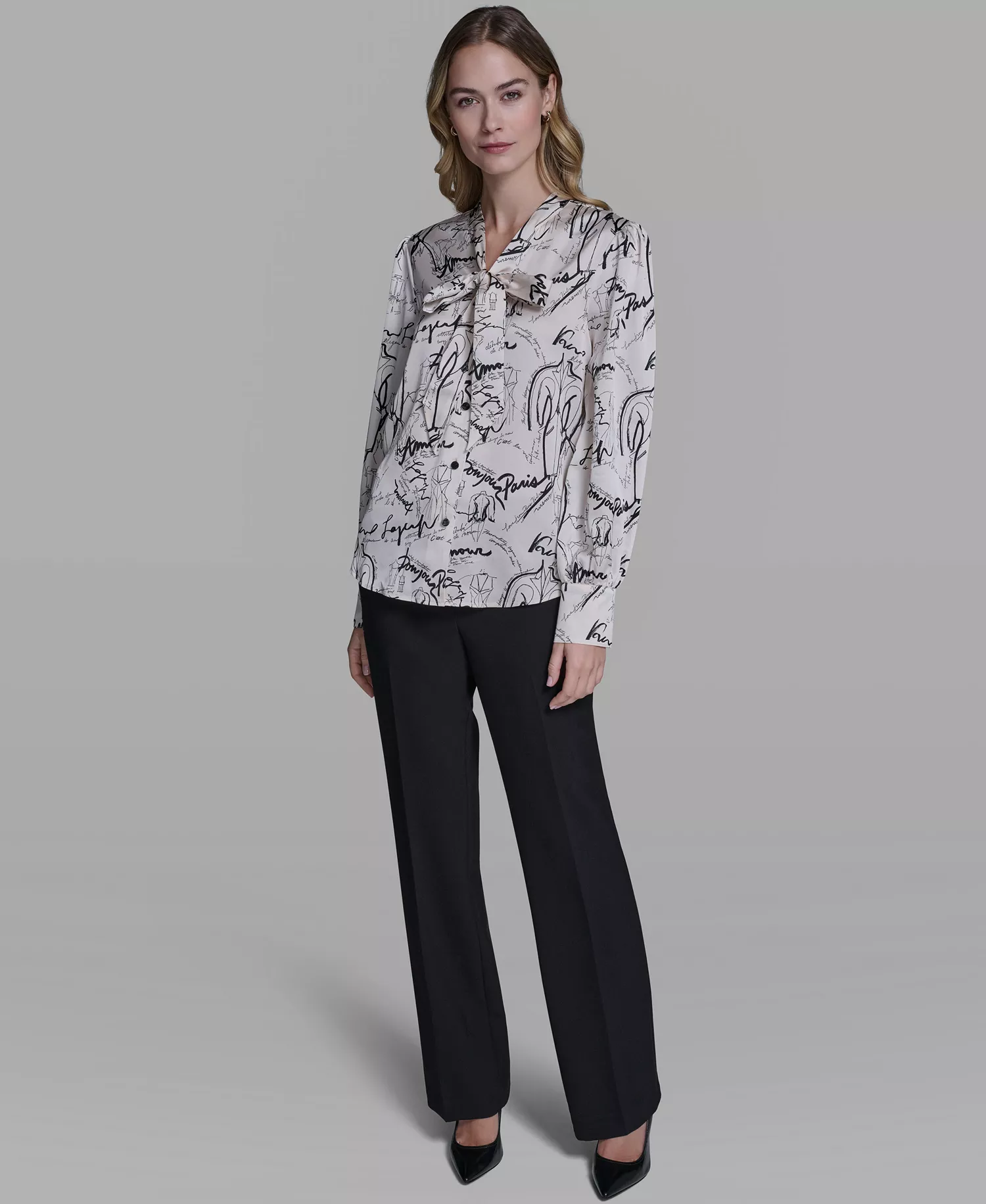 Women's Printed Tie-Neck Long-Sleeve Top - Bisque/Black - L
