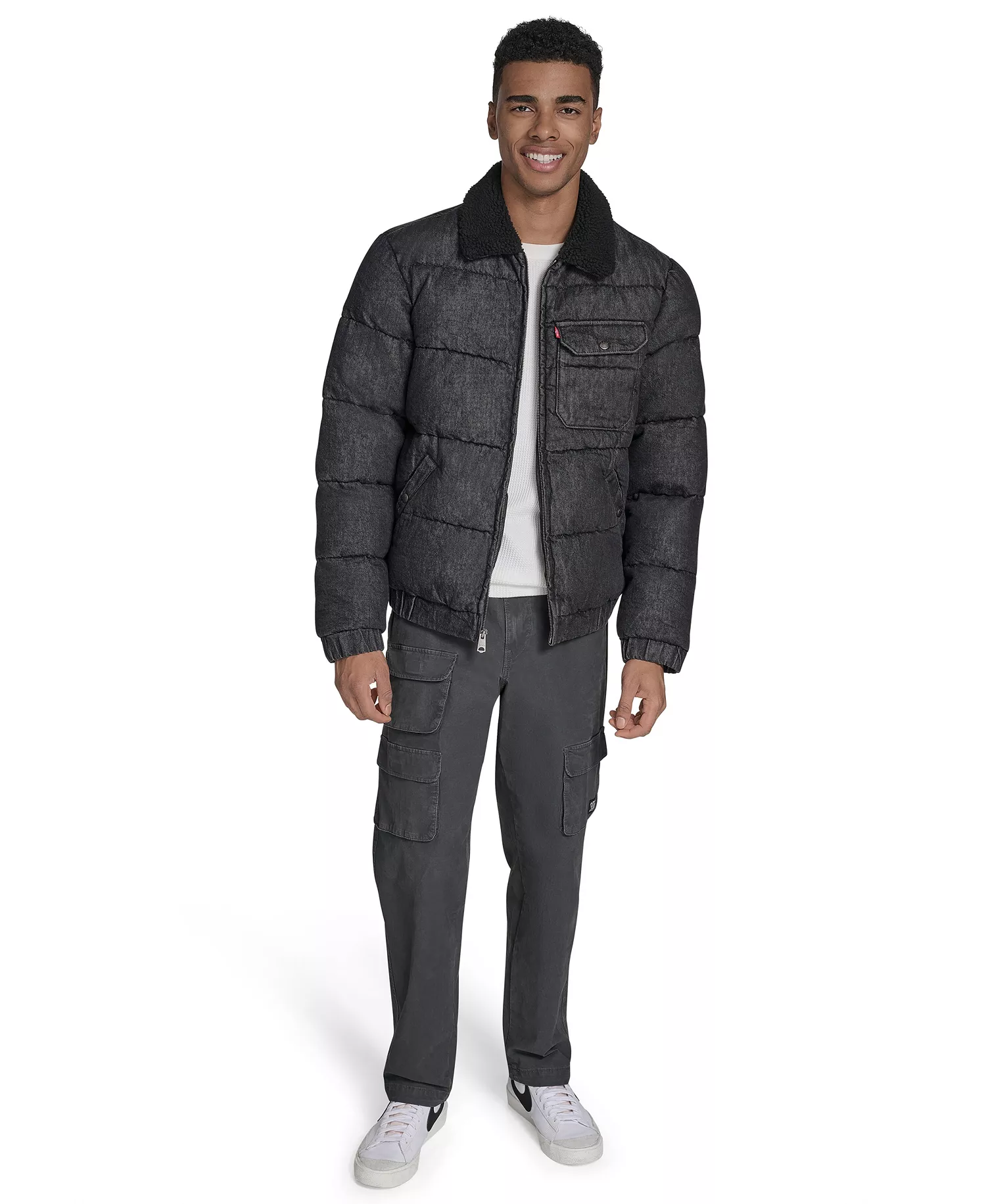 Men's Denim Quilted Sherpa Collar Jacket - Black Denim - 2XL