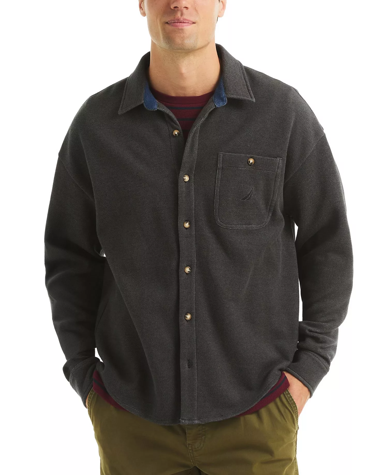 Men's Pique Double Knit Long Sleeves Shirt - True Black - L