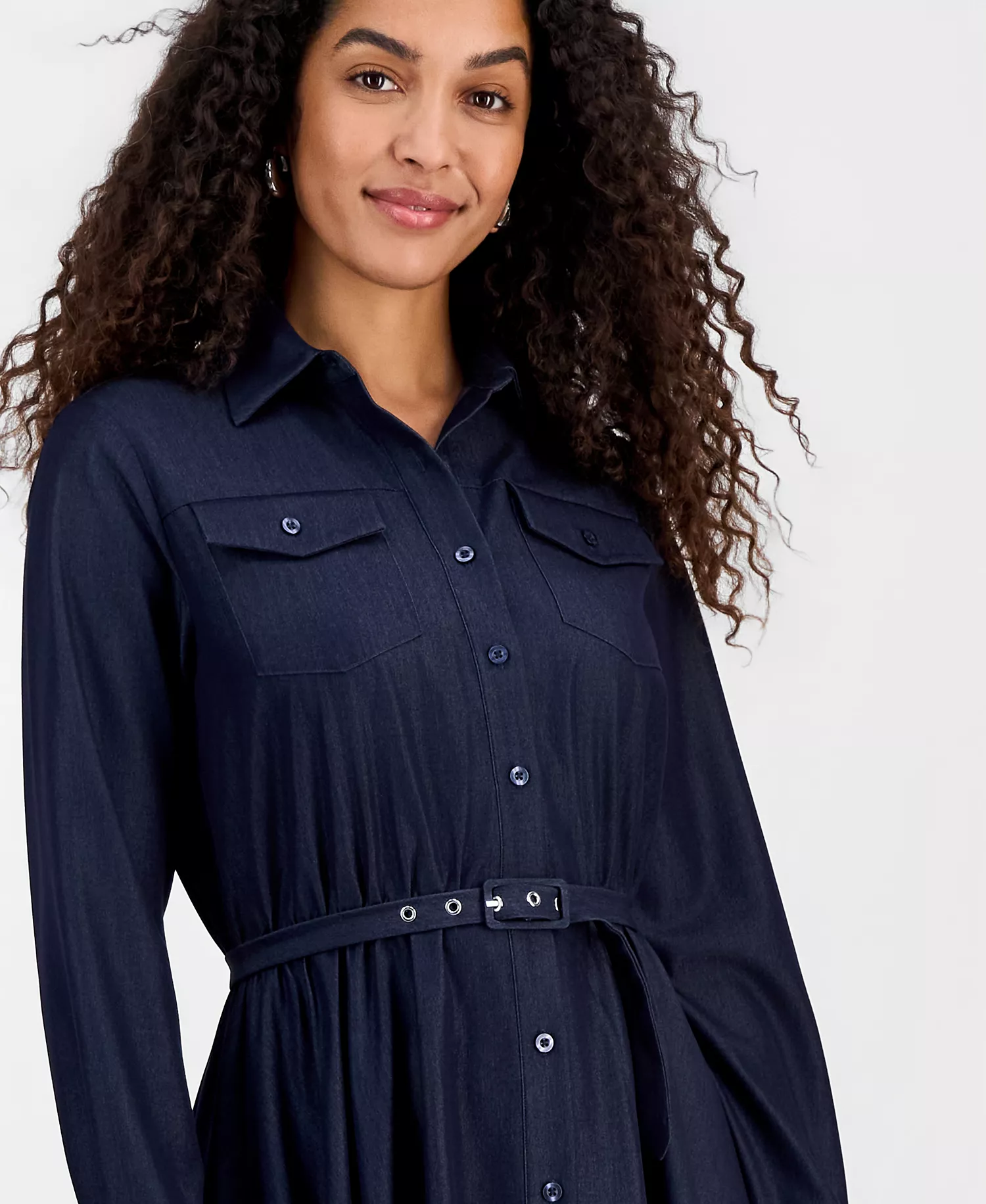 Women's Belted Button Long-Sleeve Fit & Flare Dress - Denim - 10