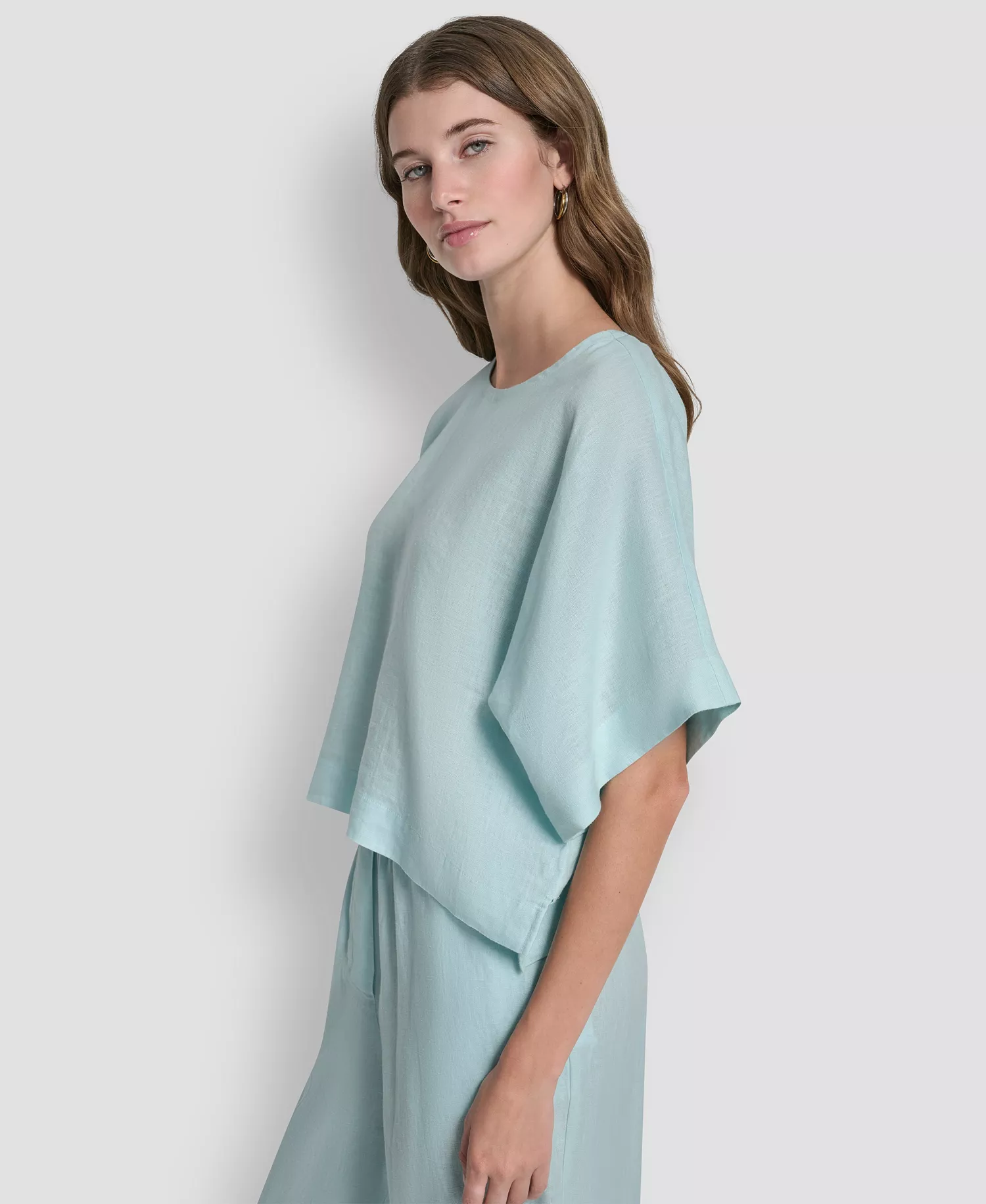 Women's Linen Drop Shoulder Short-Sleeve Top - Aqua - L