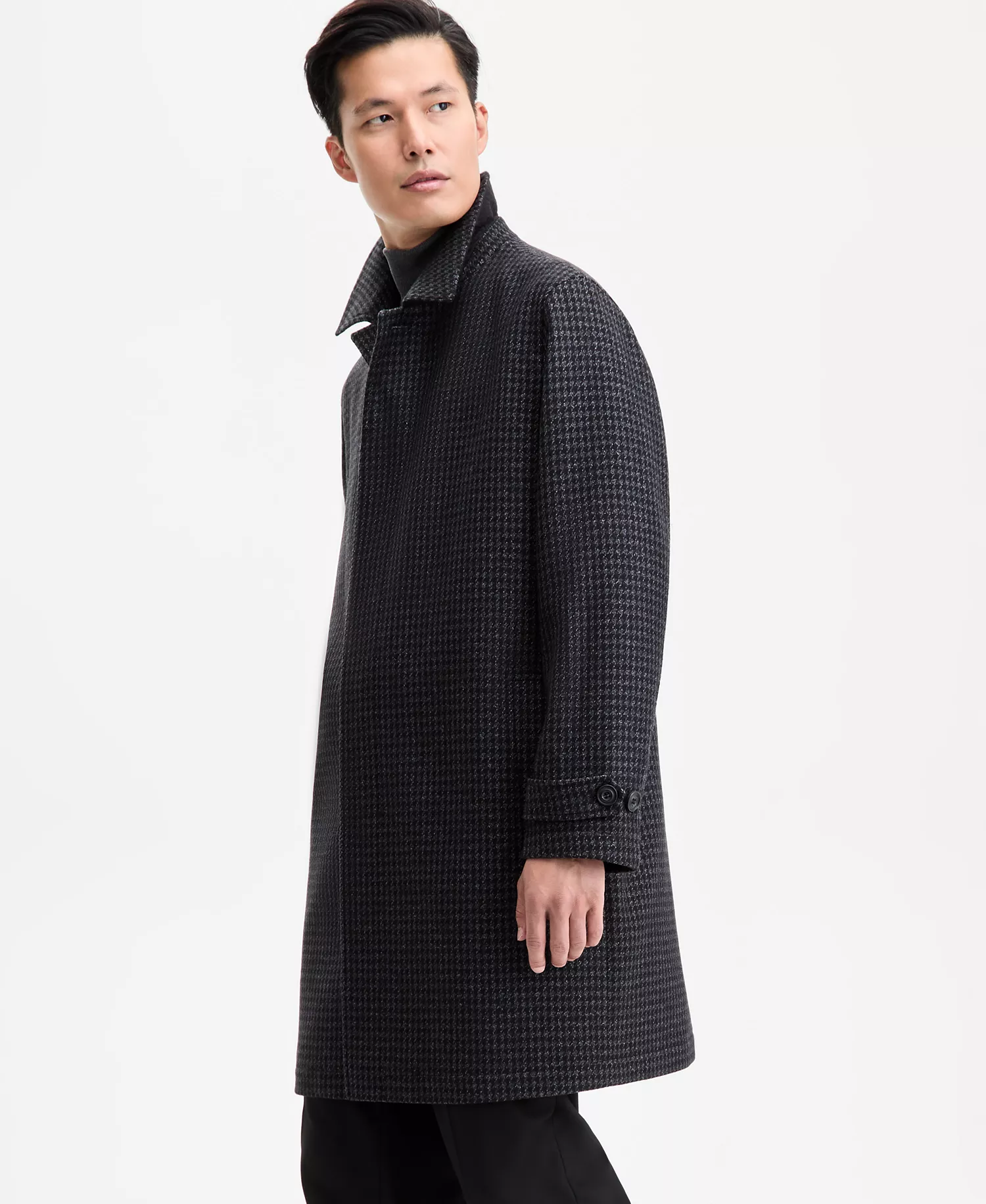 Men's Regular-Fit Houndstooth Overcoat - Black - 2XL