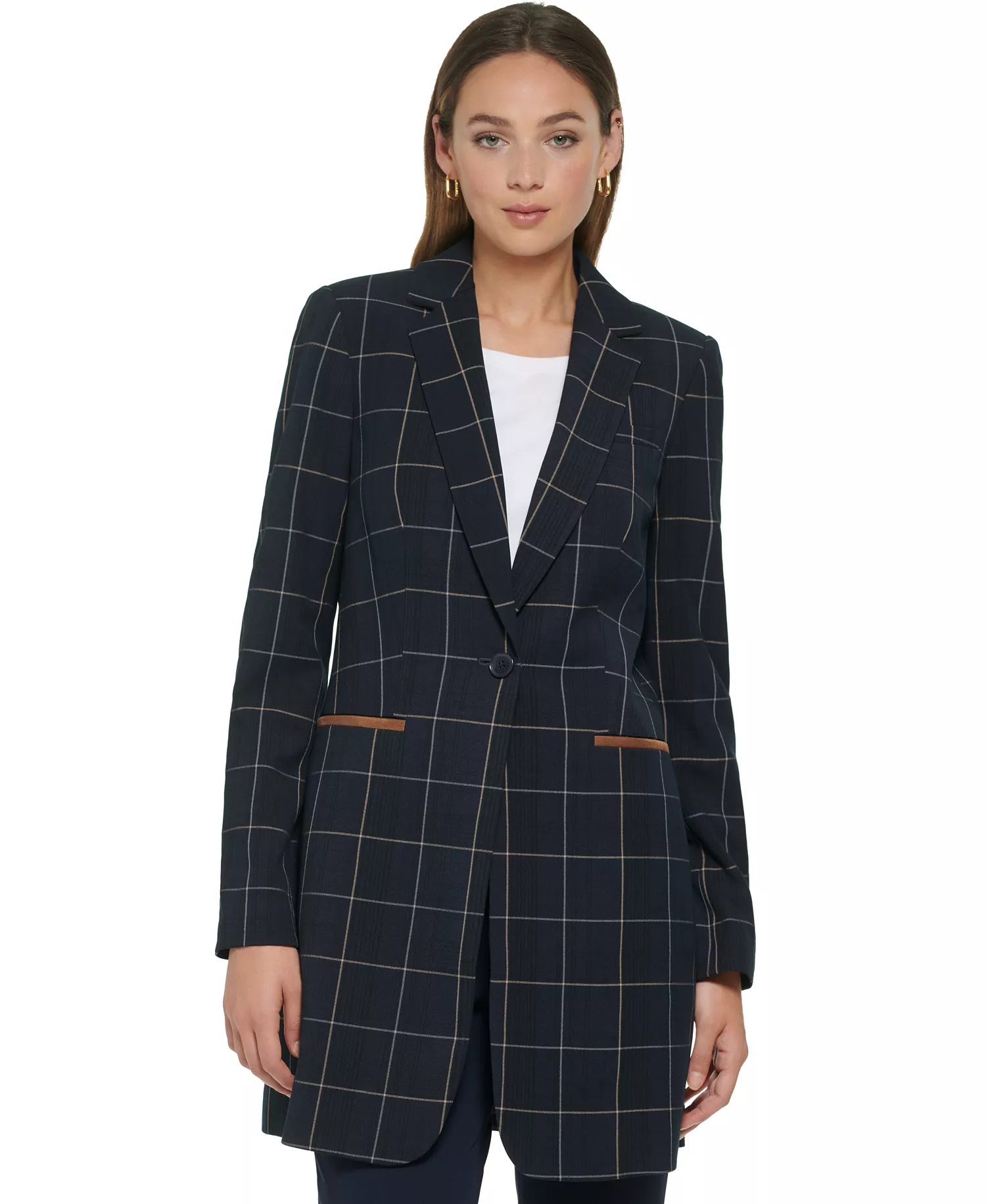 Women's Windowpane One-Button Blazer - Midnt/grey - 0