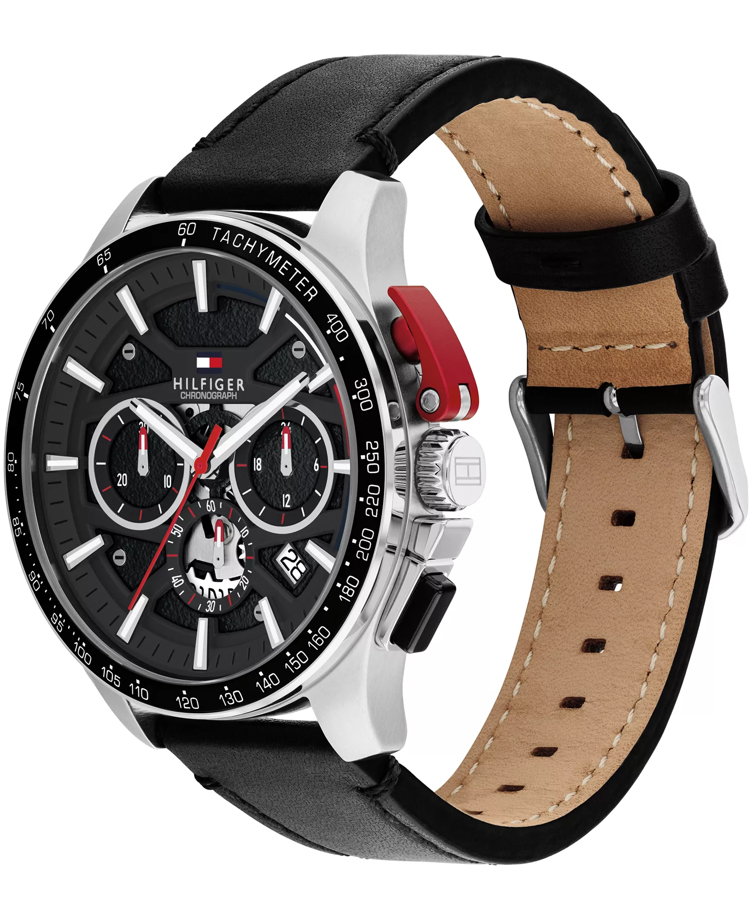 Men's Chronograph Black Leather Strap Watch, 44mm - Black - NO SIZE