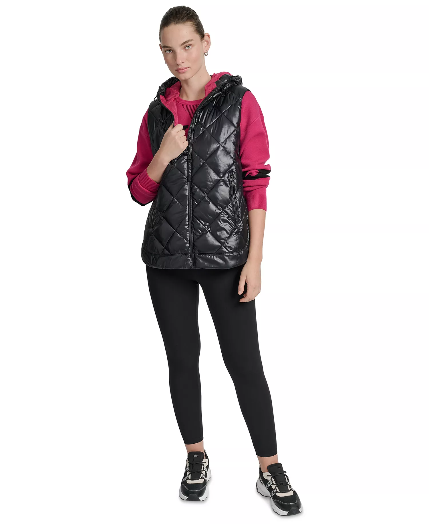 Women's Quilted Curved-Hem Hooded Vest - Metallic Black/wild Berry - L
