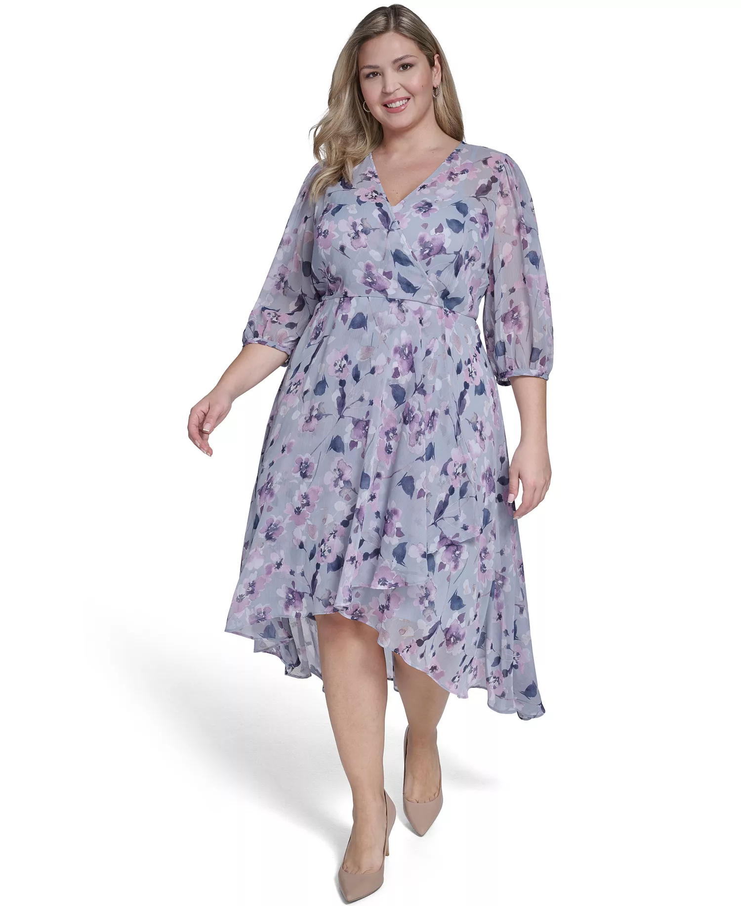 Plus Size Balloon-Sleeve Wrap Dress - Slate Multi - 14W