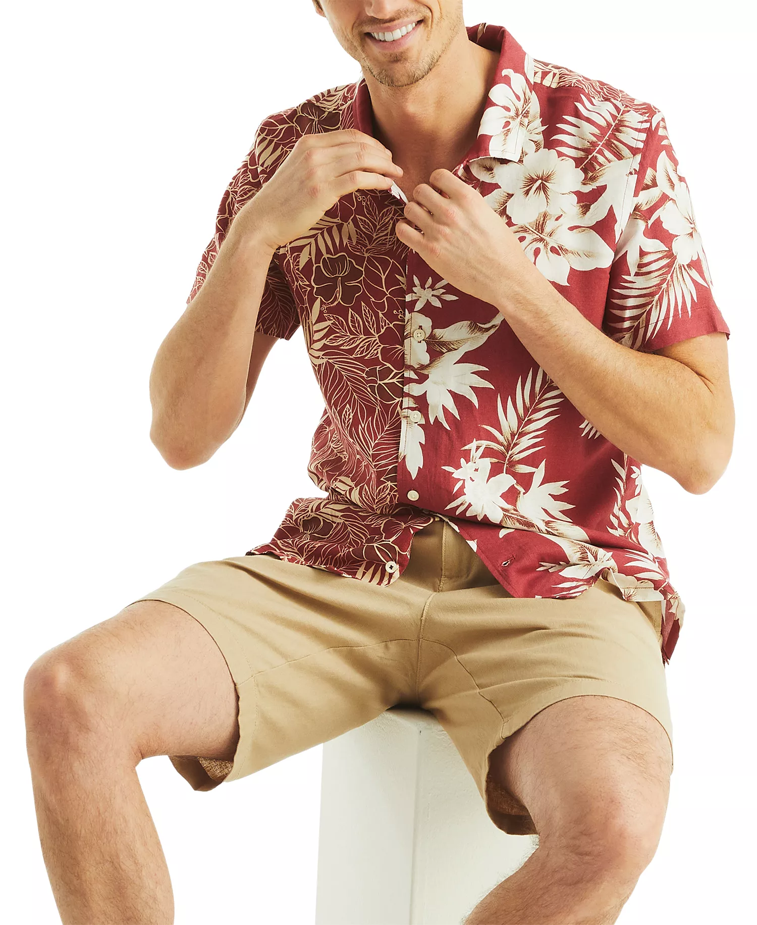 Men's Printed Tropical Button-Up Camp Shirt - Ocean Garnet - L