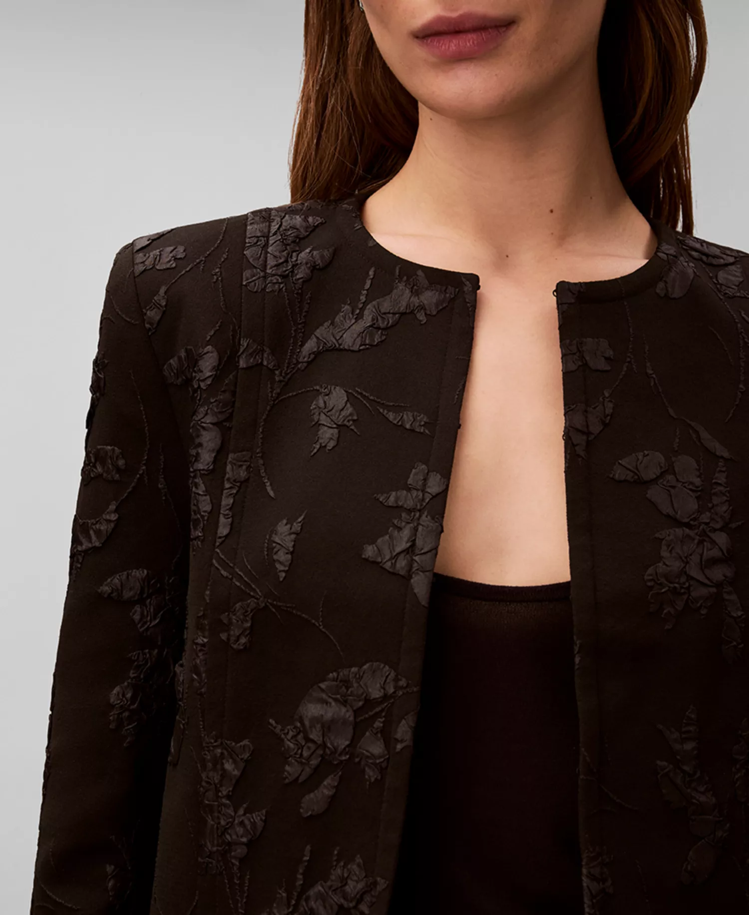 Women's Floral Square Neck Mini Dress and Novelty Crewneck Cropped Jacket - Black Floral Cuttings Cloque Jacquard - 10