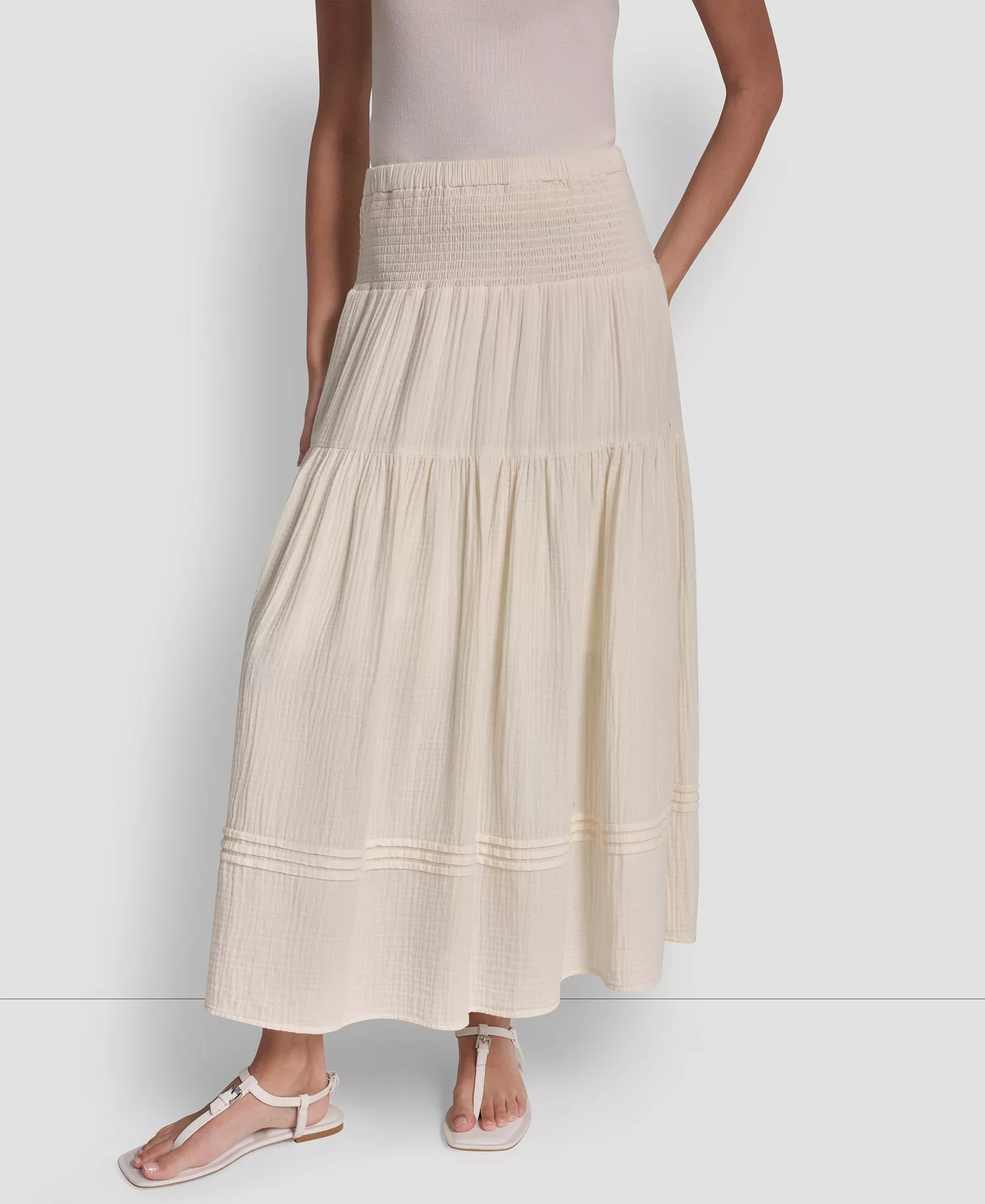 Women's Smocked-Waist Tiered Maxi Skirt - Eggnog - L