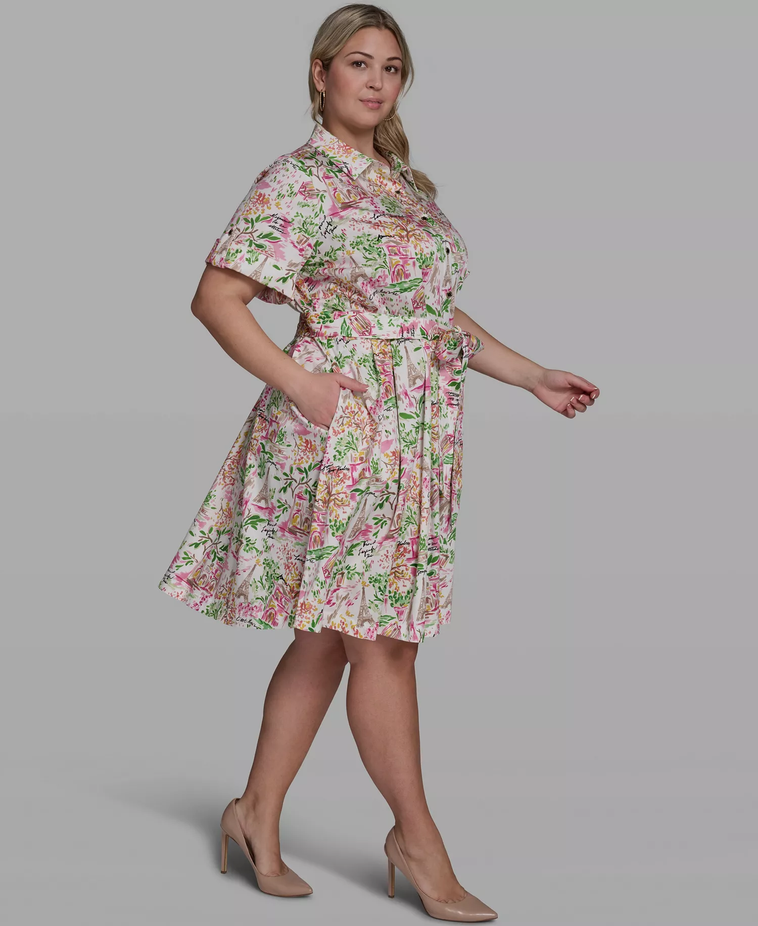 Plus Size Printed Collared Dress - Soft Whtie/Pink Multi - 14W