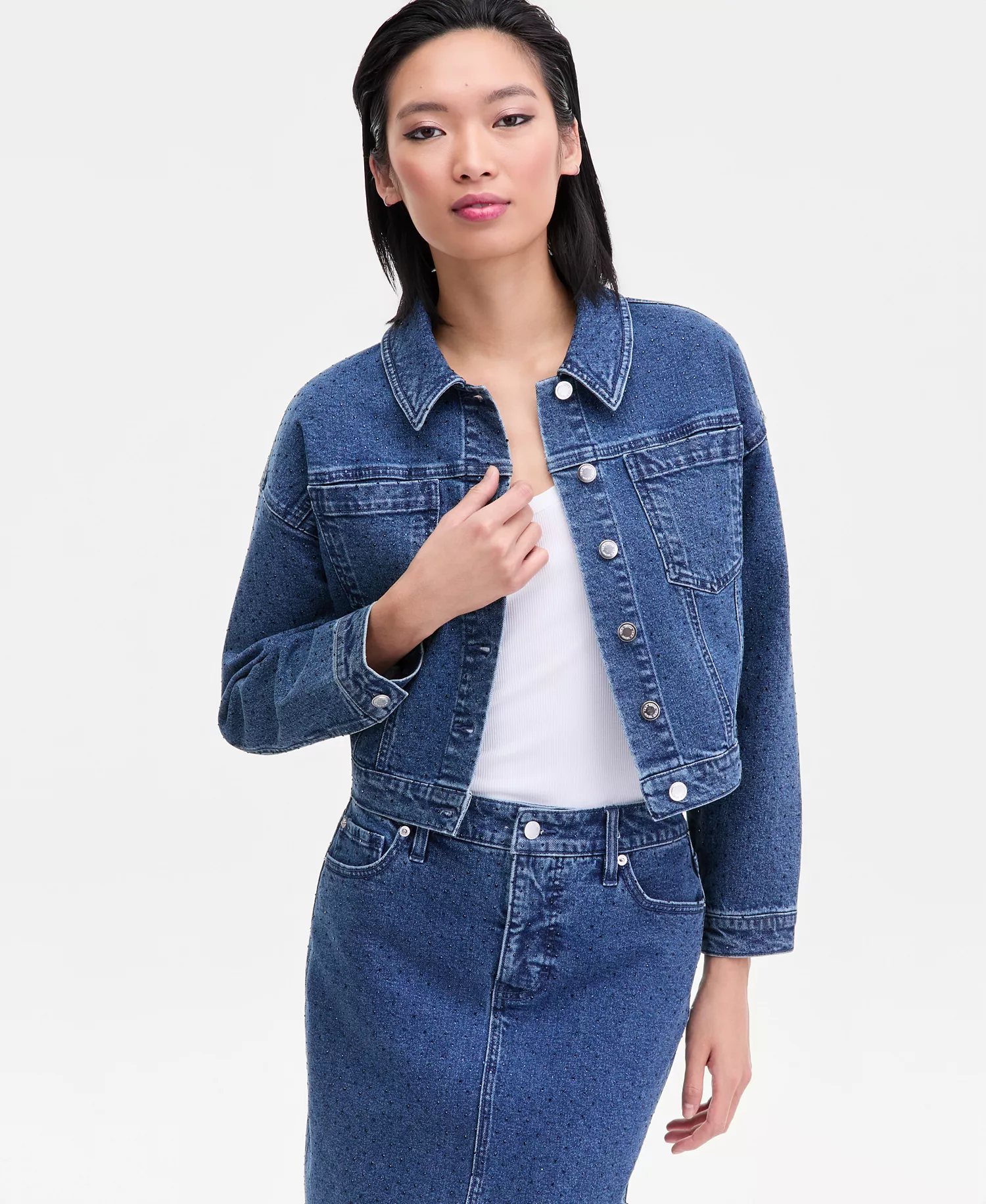 Women's Studded Denim Cotton Trucker Jacket, Macy's Exclusive - Liana Wash - L