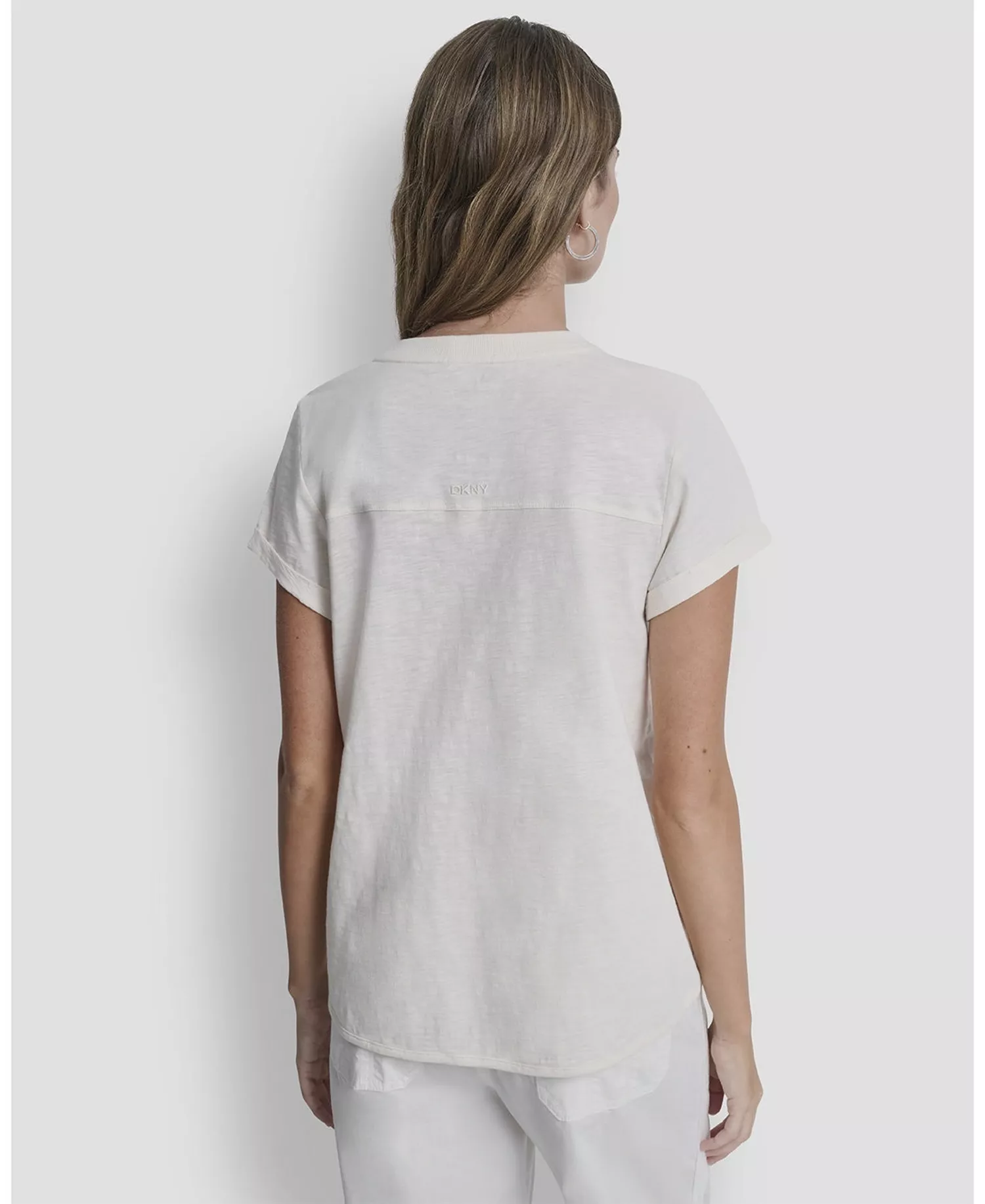 Women's Embroidered Crewneck Logo Roll-Sleeve Top - Eggnog - L