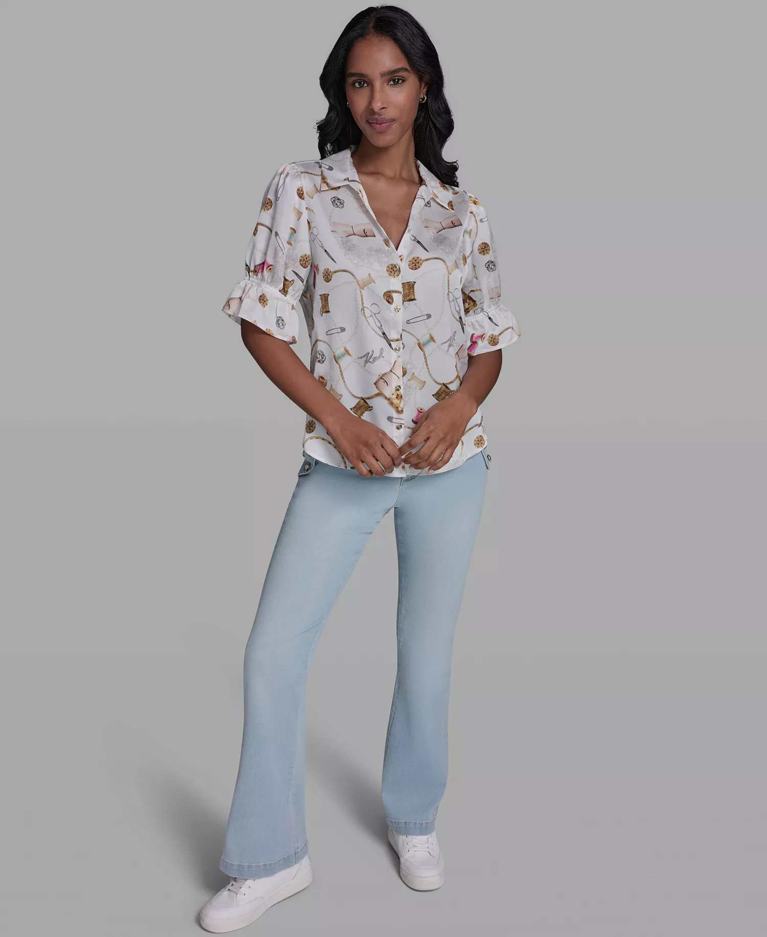 Women's All-Over Sewing Detail Printed Button Front Blouse - Soft White Multi - L