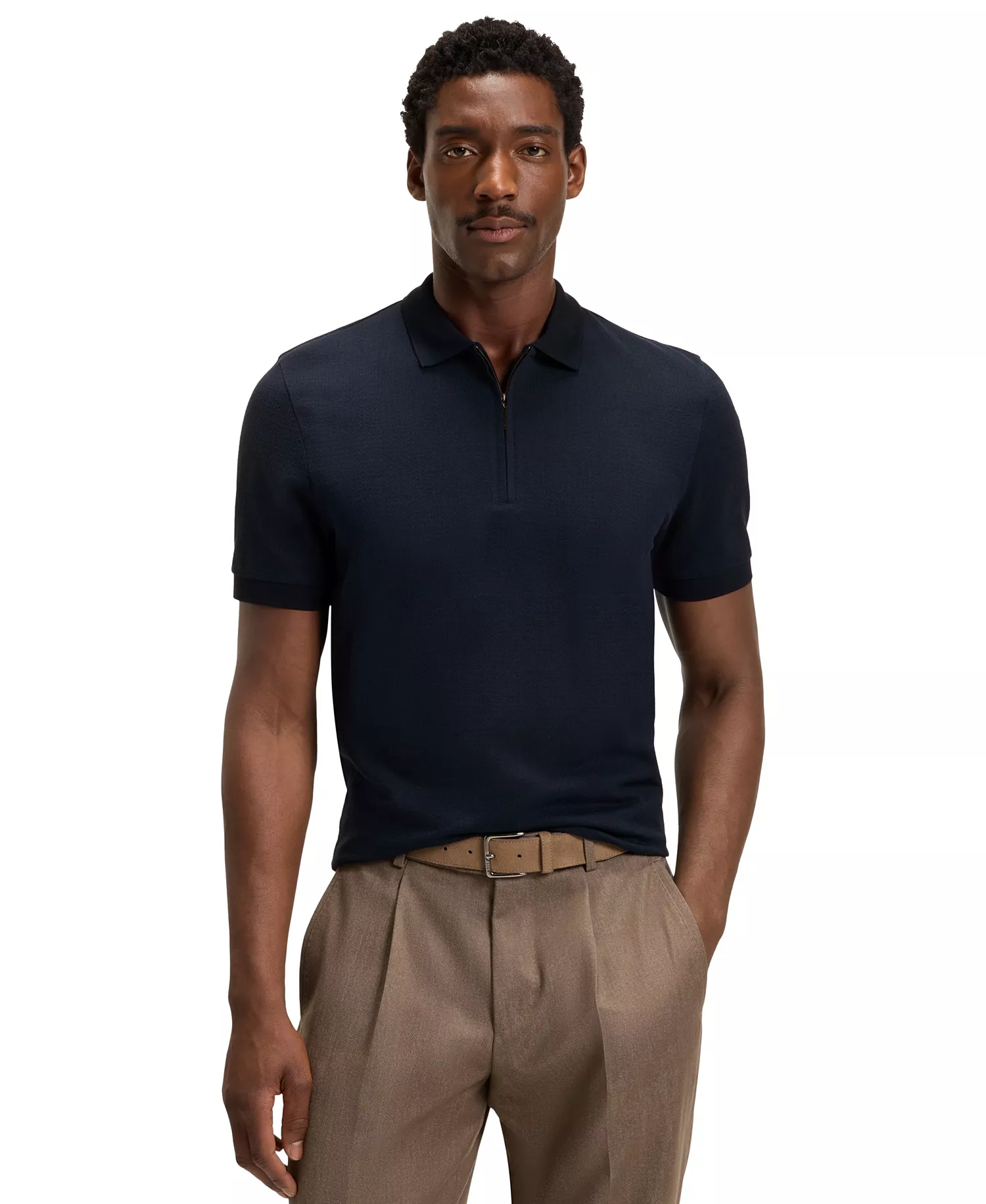 Men's Cotton-Silk Jacquard Zip-Neck Polo Shirt - Dark Blue - M