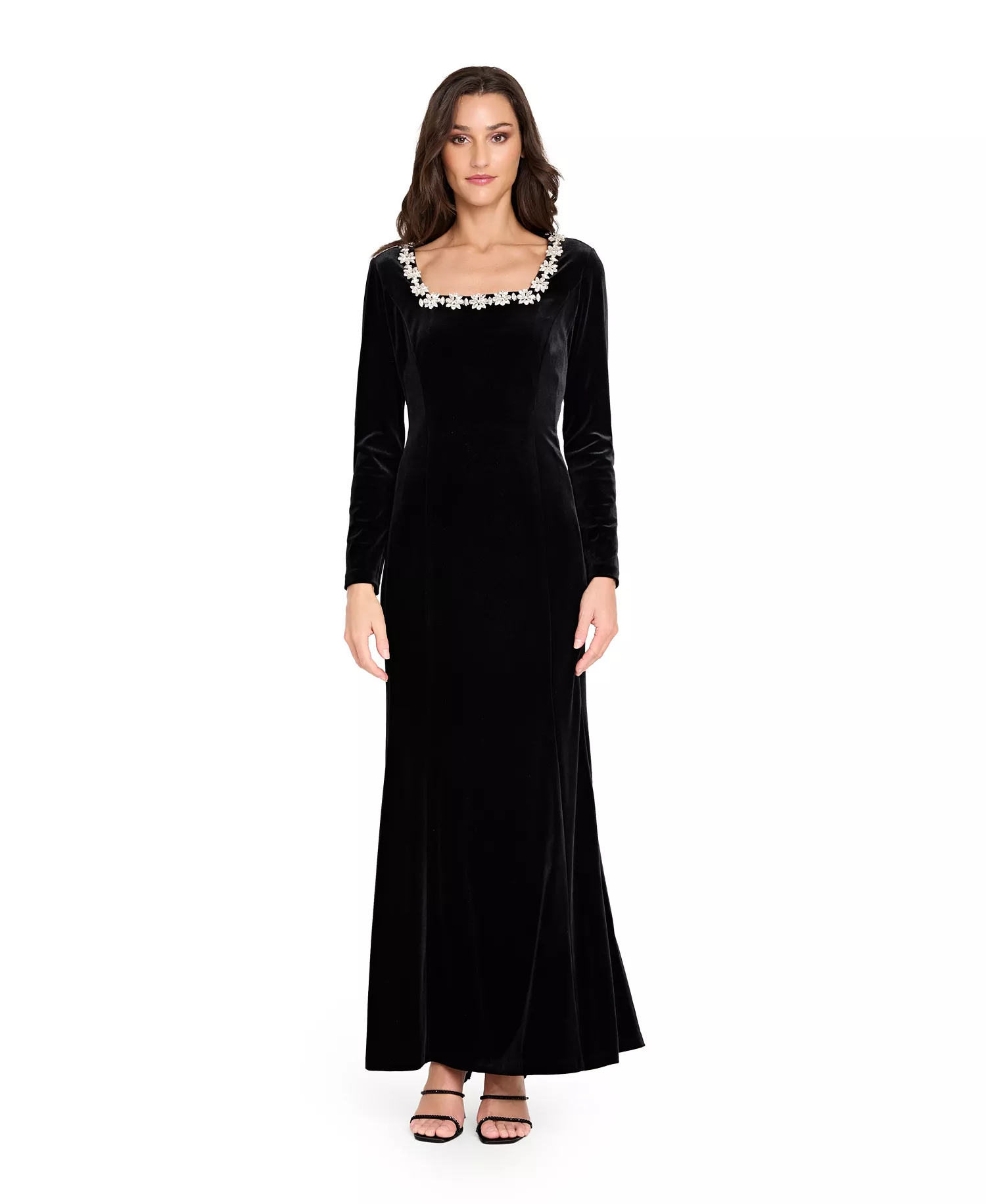 Women's Rhinestone Square Neck Long Sleeve Velvet Gown - Black - 14