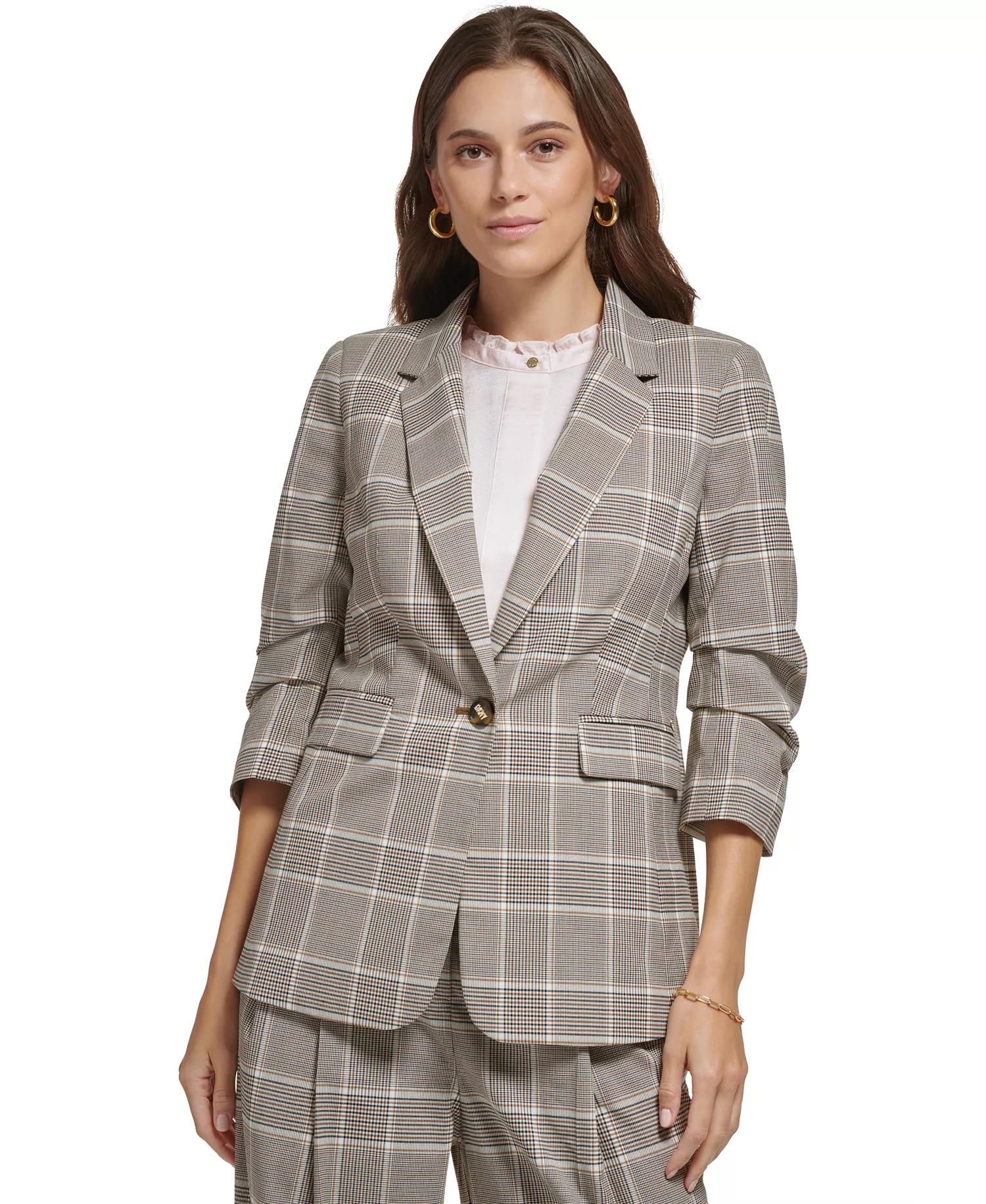 Petite Plaid Notch-Collar Ruched-Sleeve Jacket & Wide-Leg Essex Pants - Roasted Pecan Multi - 2P