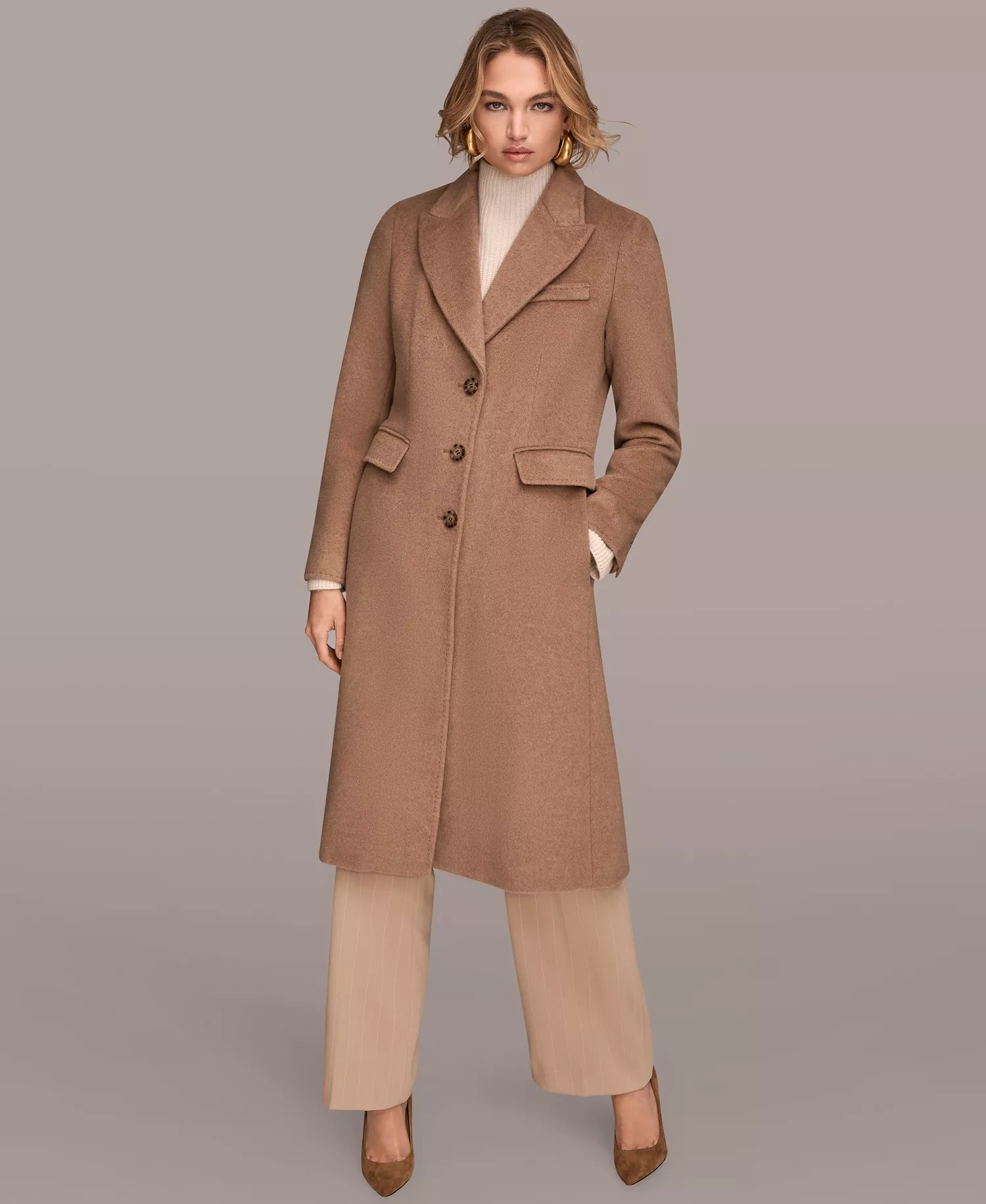 Women's Single-Breasted Stitch Trimmed Coat - Camel - L