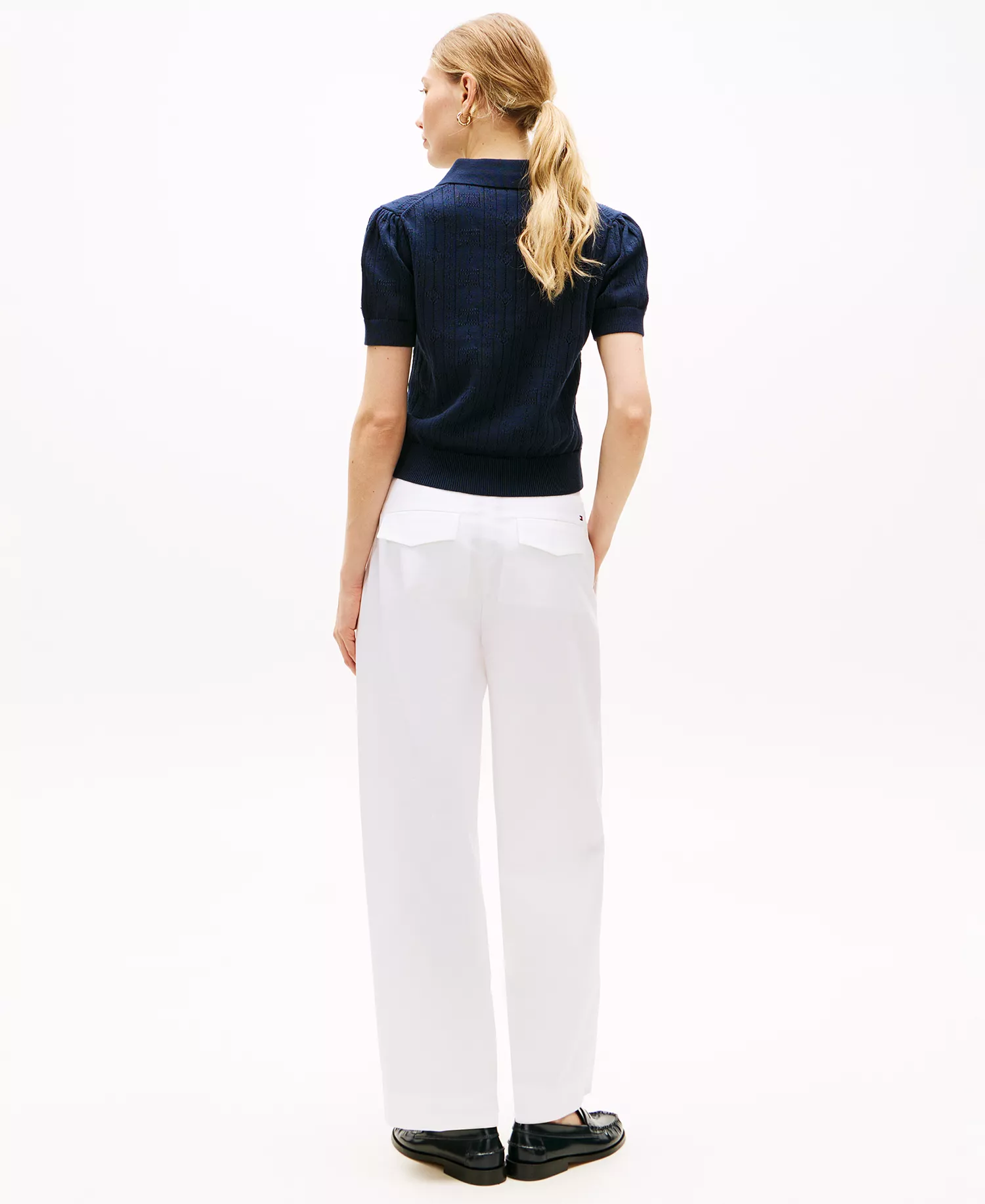 Women's Flag Pointelle Puff-Sleeve Polo Sweater - Dark Night Navy - L