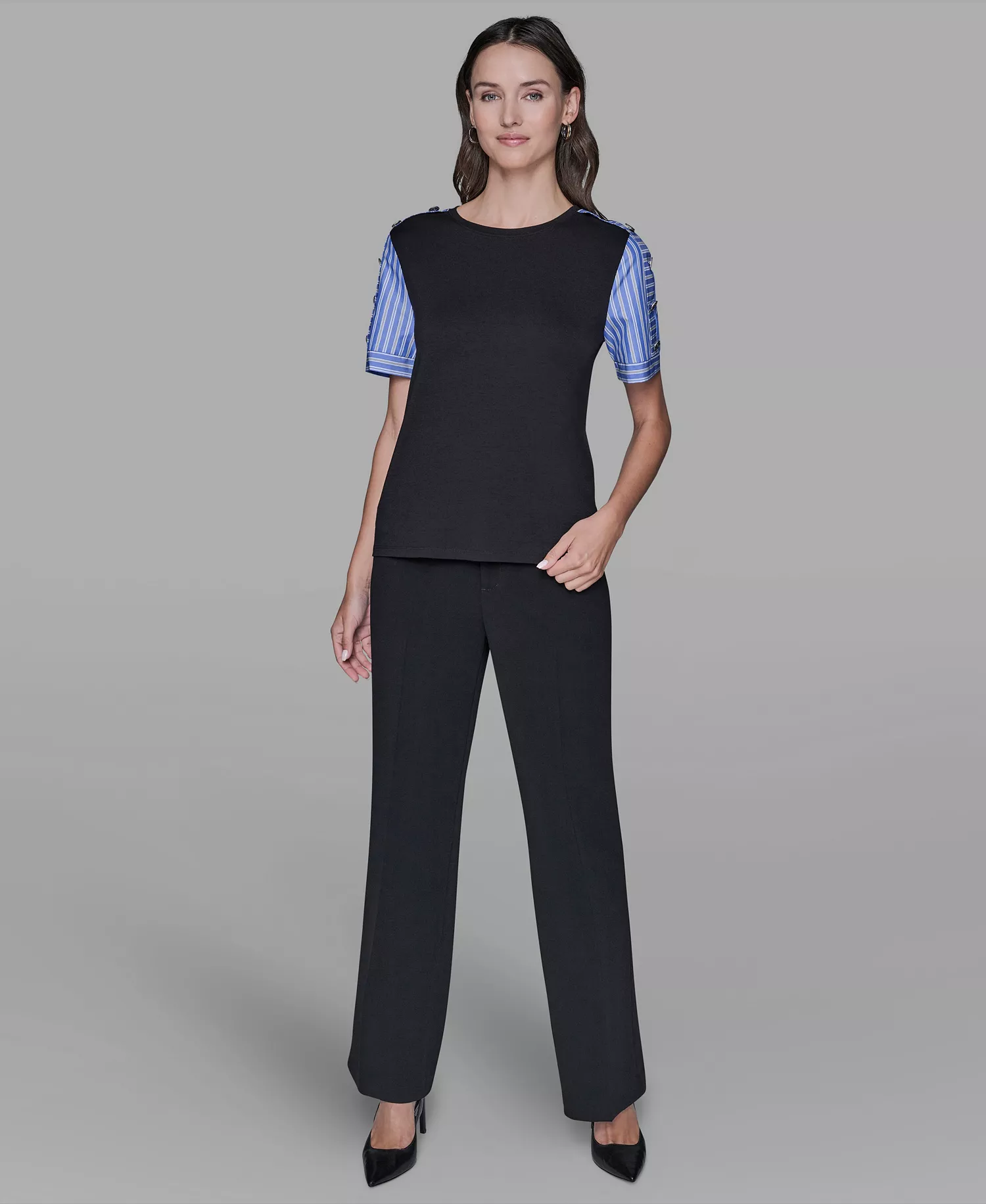 Women's Pinstripe-Sleeve Pull-On Blouse - Black - L