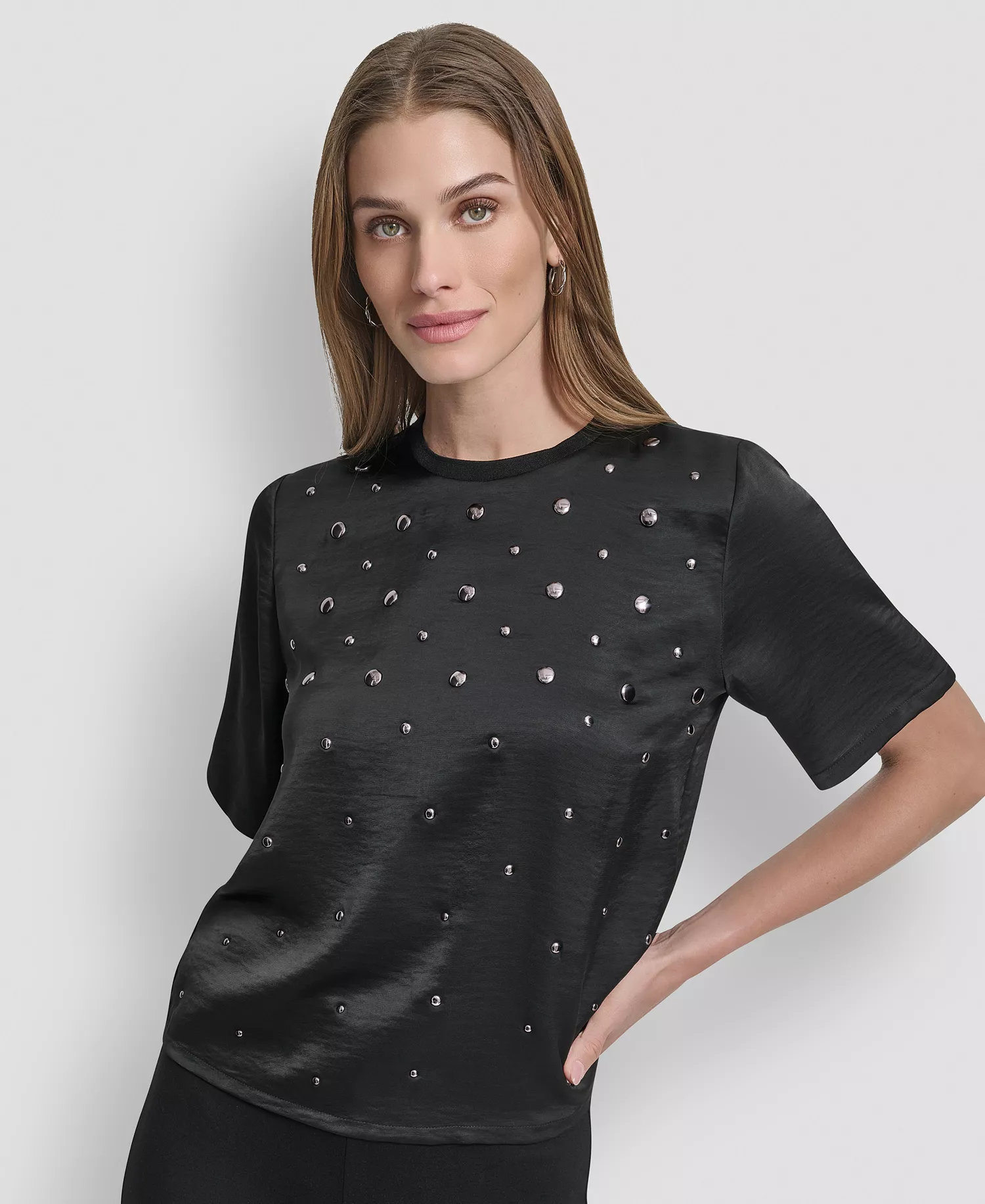 Women's Studded Boxy Short Sleeve Top - Black - S