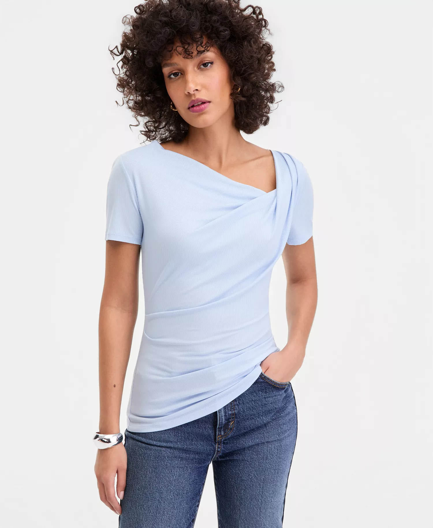 Women's Short Sleeve Asymmetric-Neck Top, Exclusively at Macy's - Bliss Blue - L
