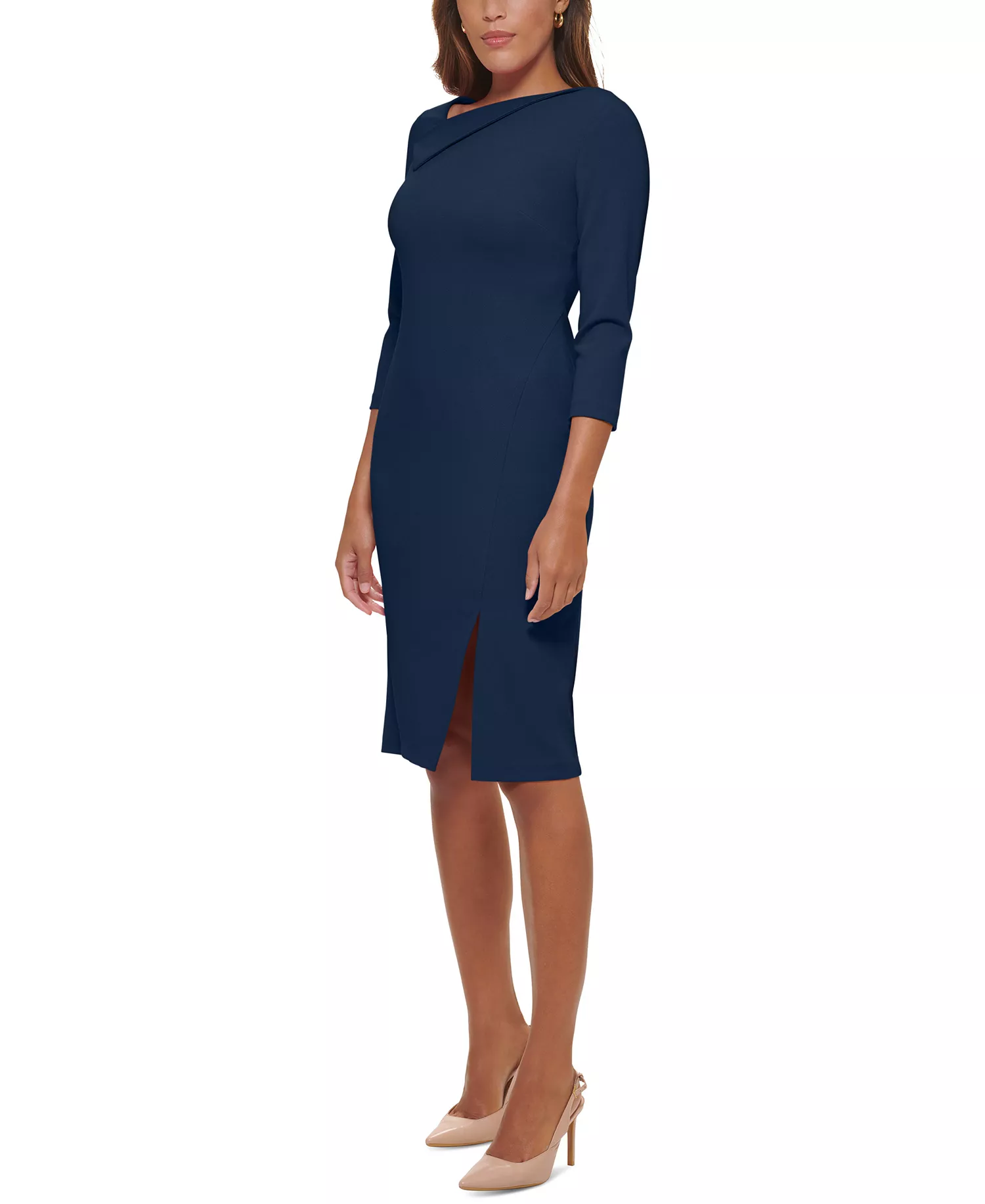 Women's Foldover-Neck Front-Slit Sheath Dress - Indigo - 10