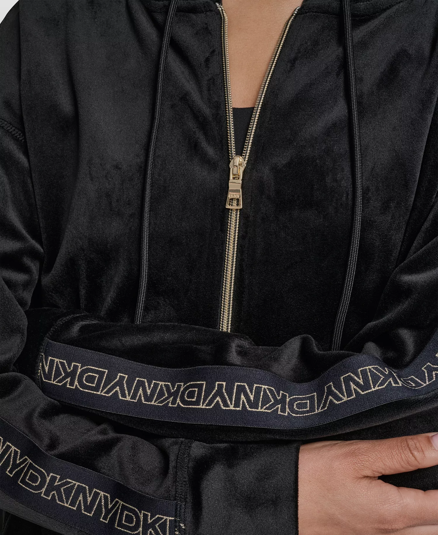 Women's Metallic Super Soft Velour Logo Elastic Full Zip Hoodie - Black/Light Gold - M