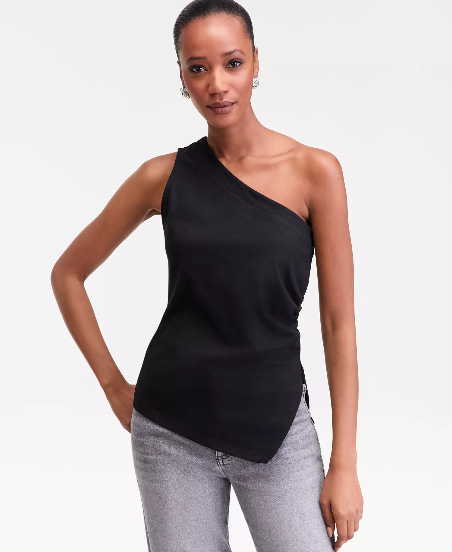 Petite Cotton One-Shoulder Asymmetric Tank Top, Macy's Exclusive - Deep Black - P/M