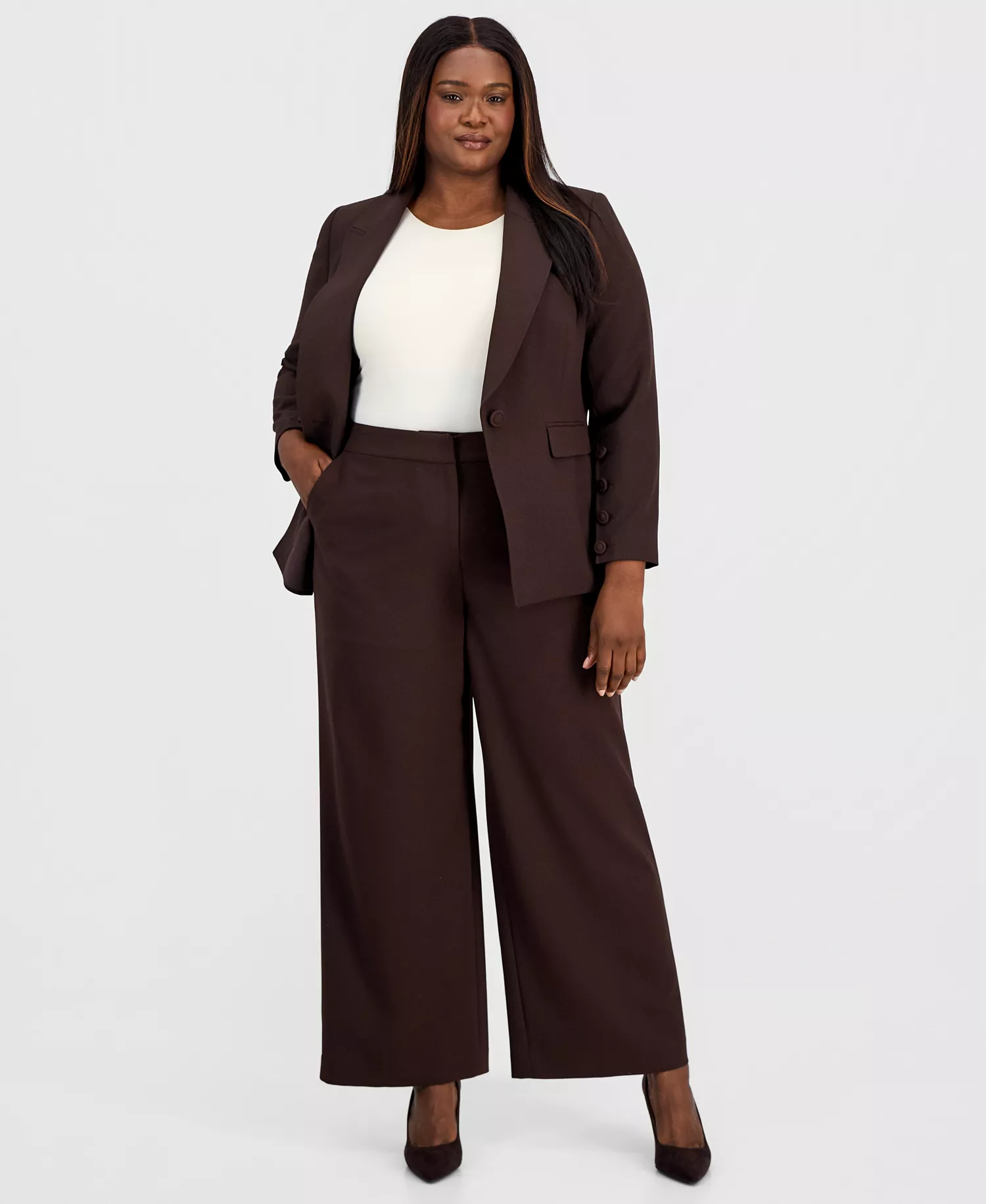 Plus Size One-Button Long-Sleeve Blazer - Espresso - 14W