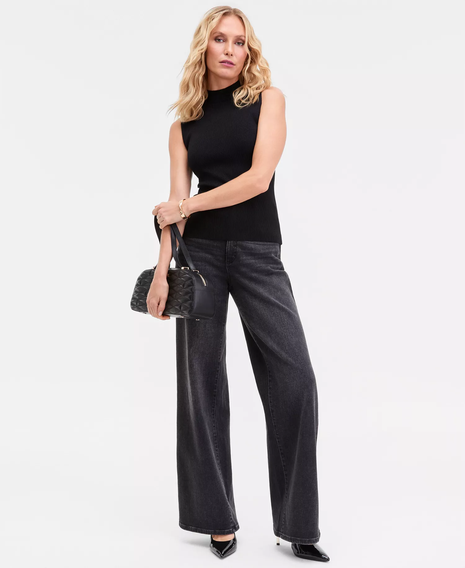 Women's Sleeveless Metallic Knit Mock-Neck Sweater, Macy's Exclusive - Deep Black Metallic - L