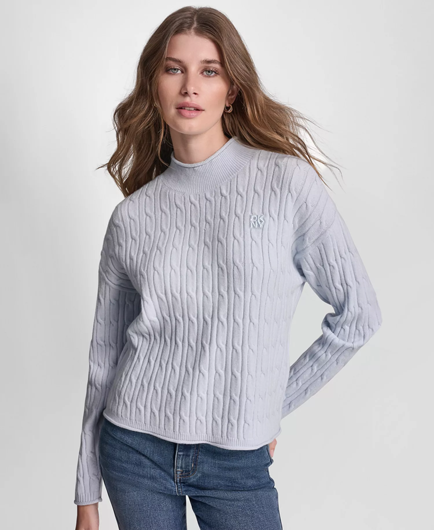 Women's Mock Neck Drop Shoulder Cable Sweater - Frost Blue/Silver - L