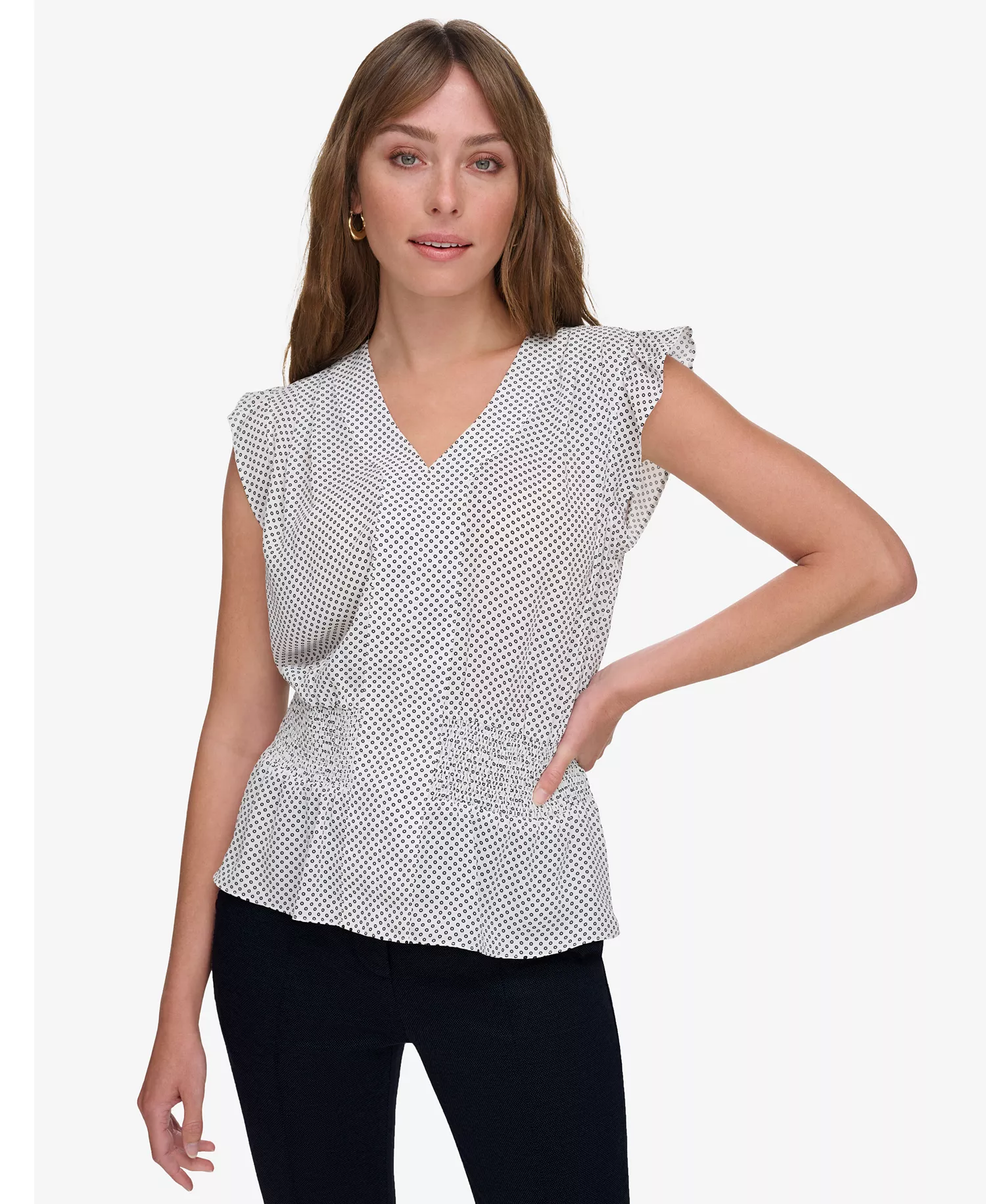 Women's Ruffled Smocked V-Neck Top - Ivory/ Midnight - L