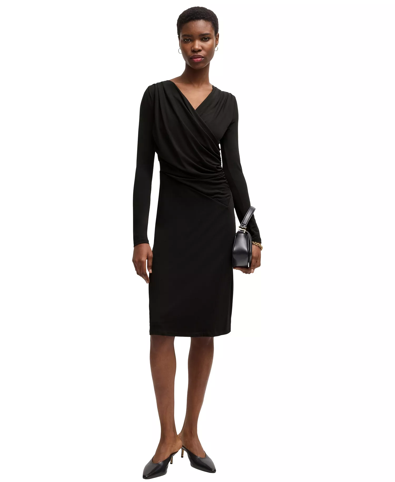 Women's Stretch Crepe Wrap-Front Dress - Black - M
